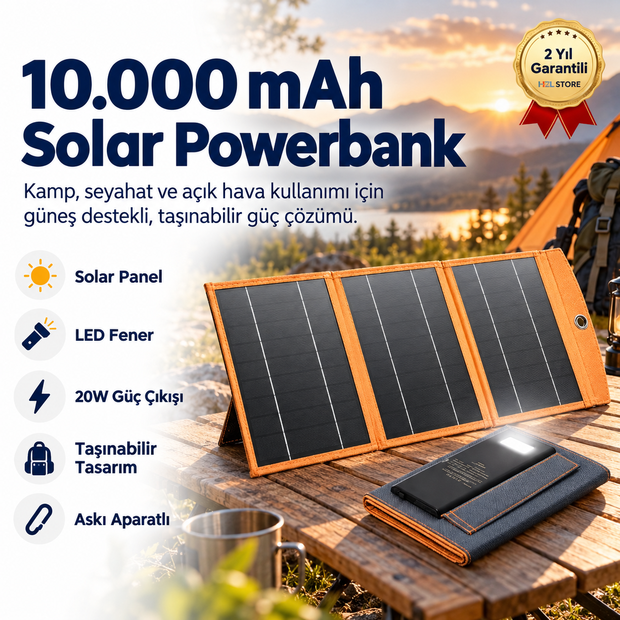 10,000mAh Solar Güneş Enerjili 3 Panelli 1 Type-C - 2 USB Çıkışlı 20W Hızlı Şarjlı Powerbank   