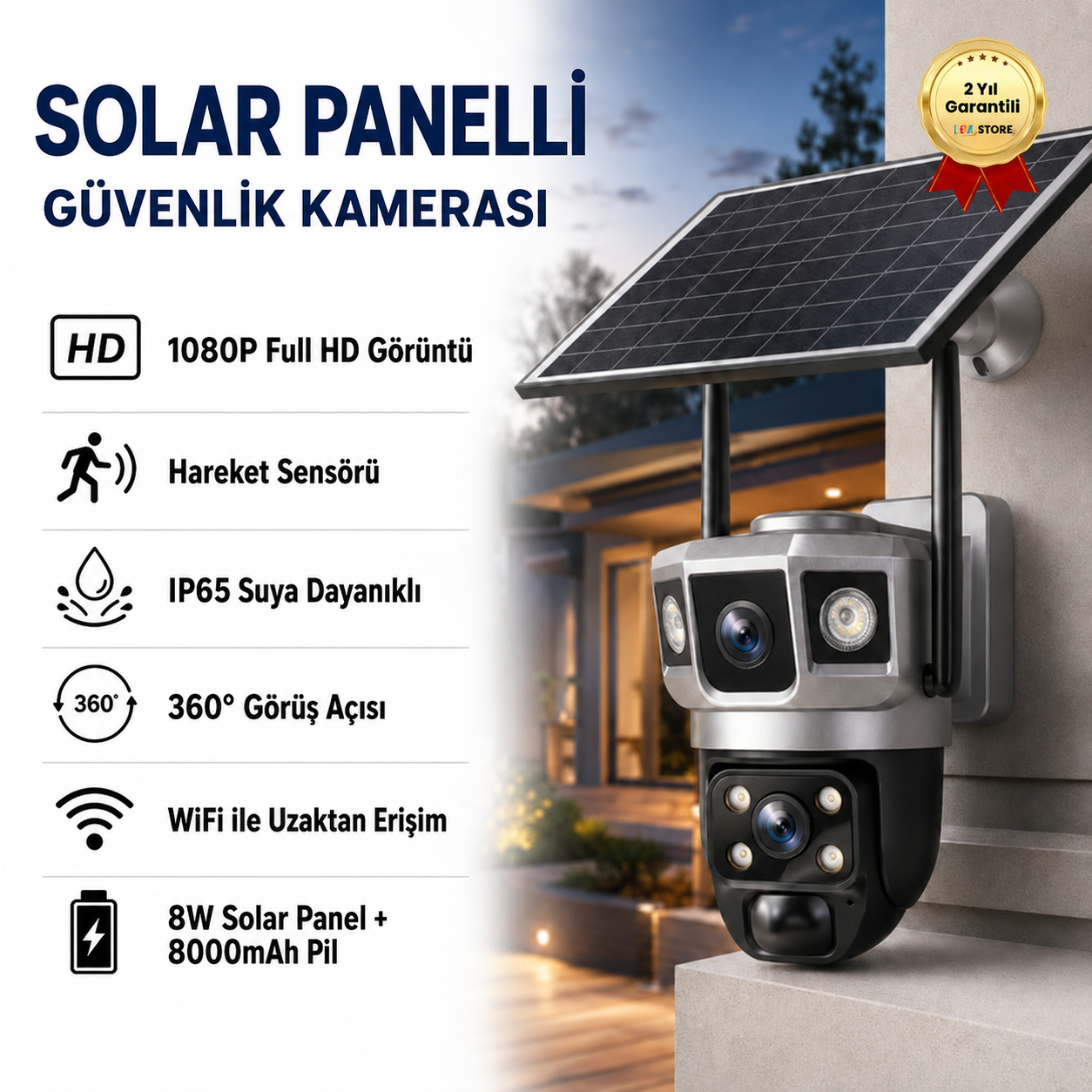 1080P 360 Derece Hareketli Güvenlik Kamera Sensörlü Dış Mekan Kullanımına ve Suya Dayanıklı Solar Panelli Güneş Enerjili IP Kamera 
