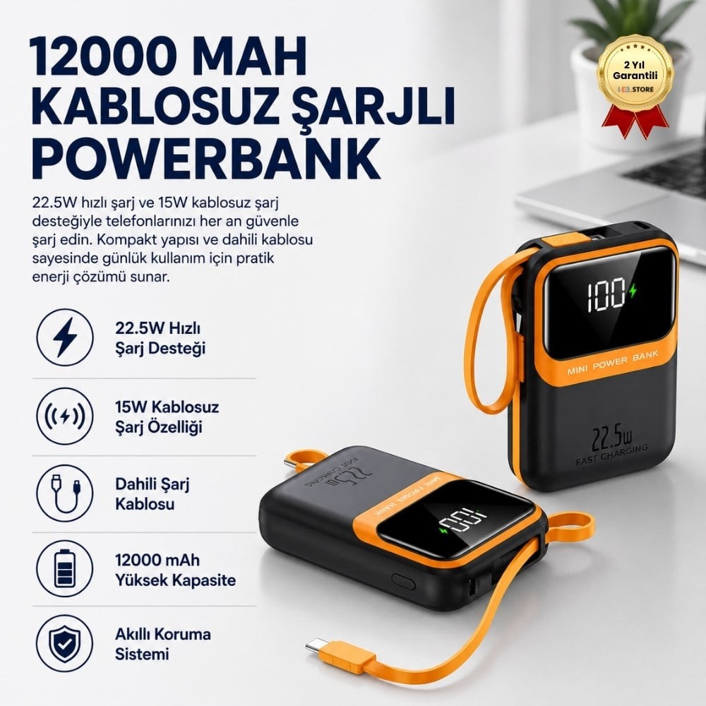 12000 Mah 22.5 W Hızlı Şarjlı 20 W Kablosuz Manyetik Portatif Powerbank Her Telefon Uyumlu Kablolu 