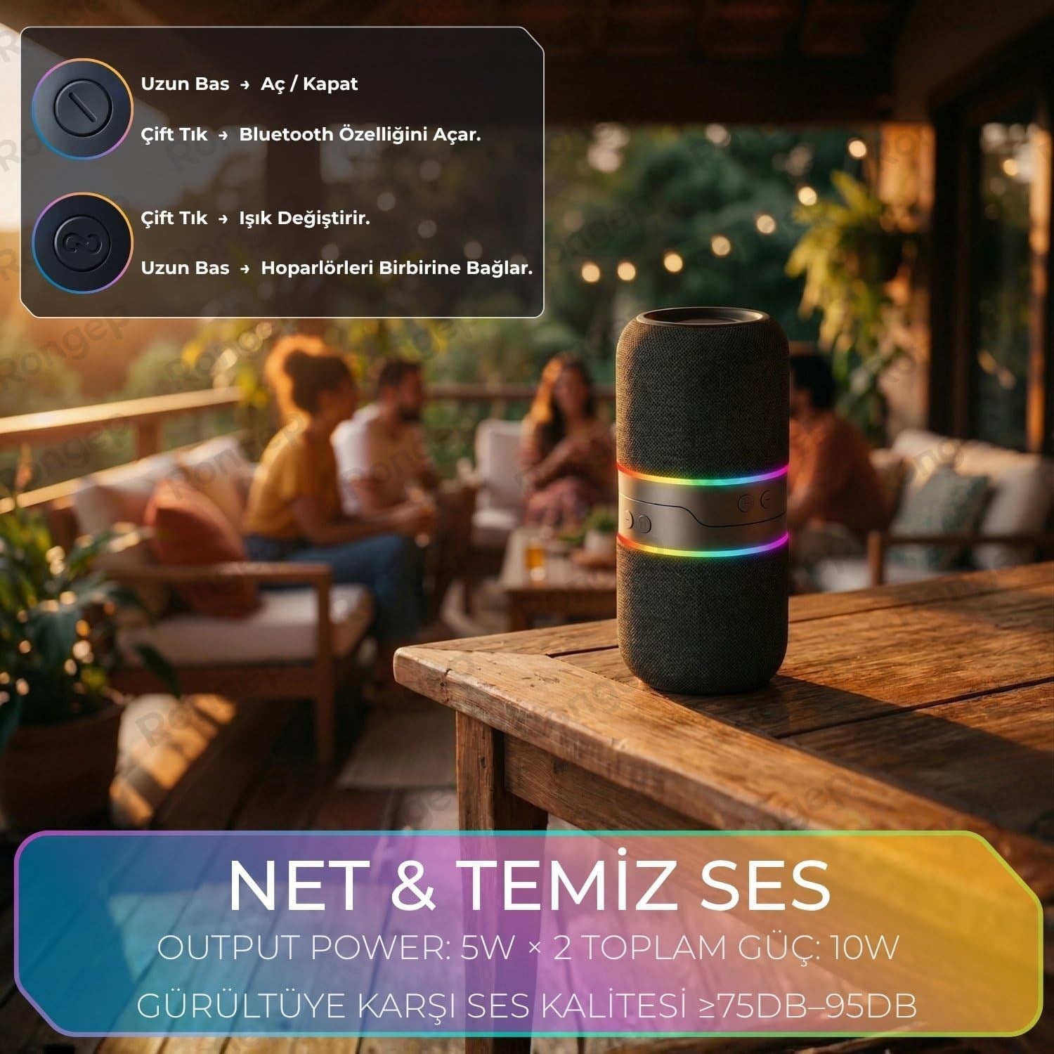 1200mAh Bataryalı RGB Işıklı Bluetooth 5.0 TWS Taşınabilir Kablosuz Hoparlör 