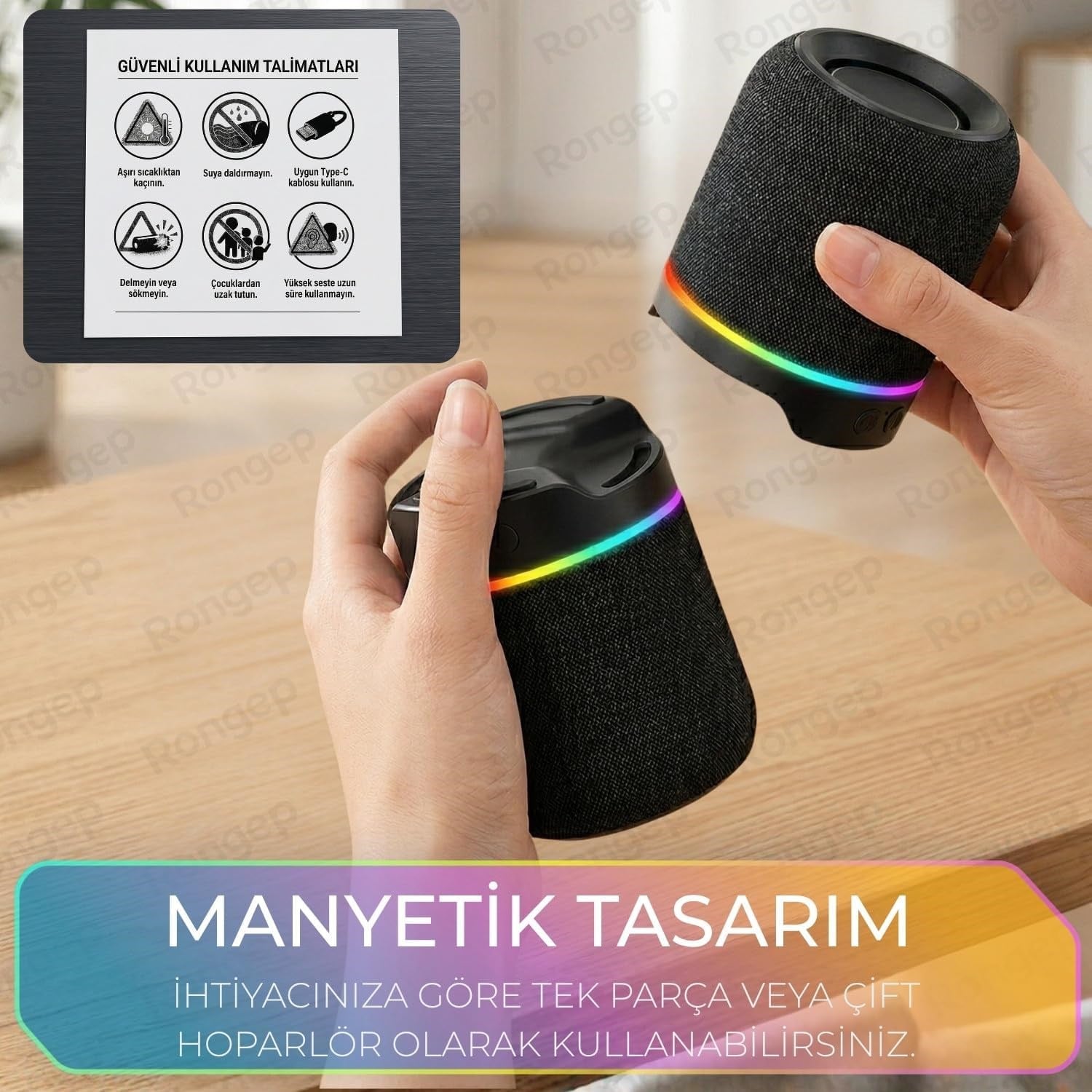 1200mAh Bataryalı RGB Işıklı Bluetooth 5.0 TWS Taşınabilir Kablosuz Hoparlör 