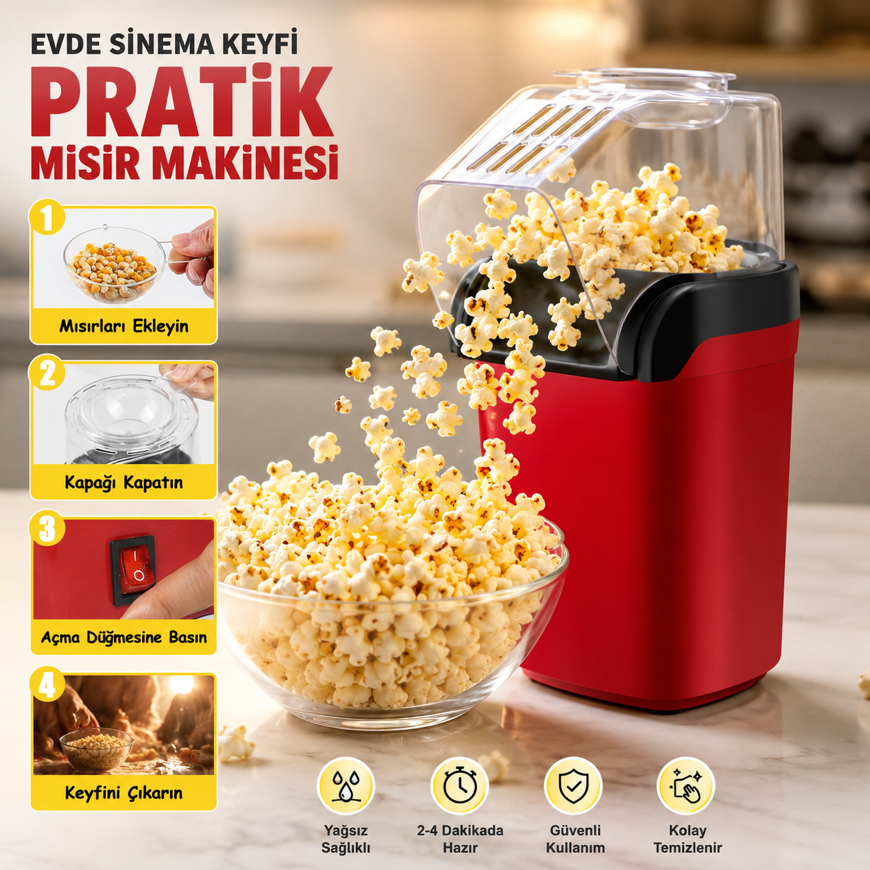 1200W Yağsız Popcorn Makinesi Ölçü Kaplı Ev Tipi Patlamış Mısır Makinesi 