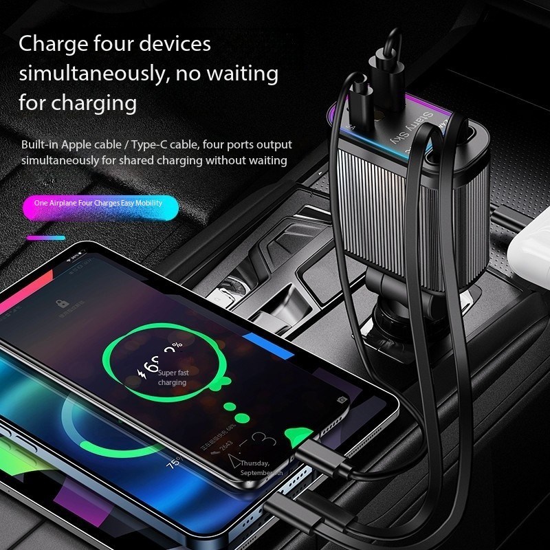 120W 4'ü 1 Arada Araç Şarj Cihazı Type-C ve Lightning Kablolu, USB-A ve USB-C Çıkışlı 