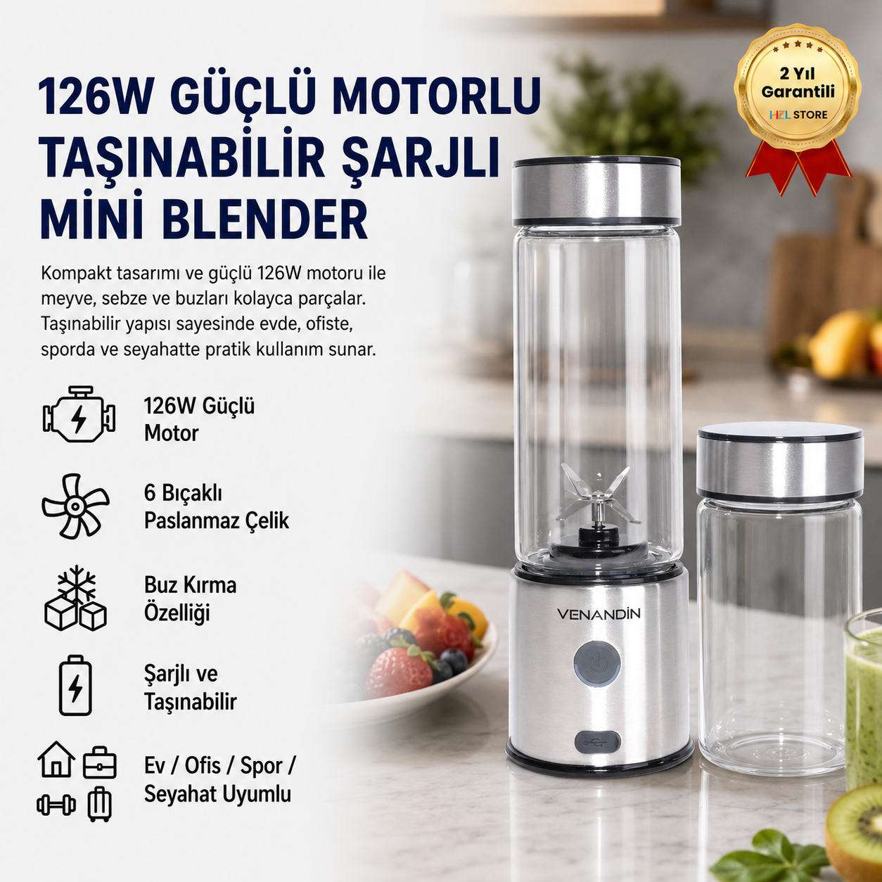 126W Güçlü Motorlu Taşınabilir Şarjlı Mini Blender 6 Bıçaklı Paslanmaz Çelik Buz Kırmalı Blender 