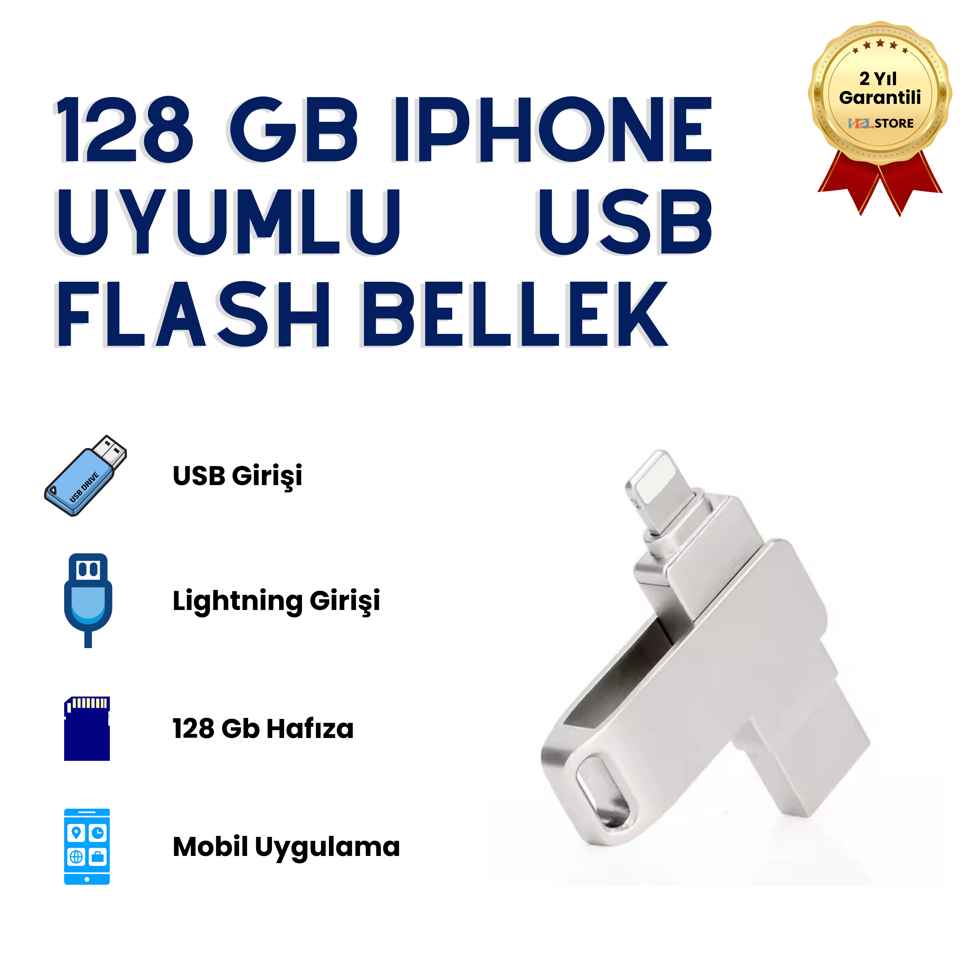 128GB iPhone Uyumlu USB Flash Bellek OTG Lightning ve USB Girişli Yedekleme ve Taşıma 