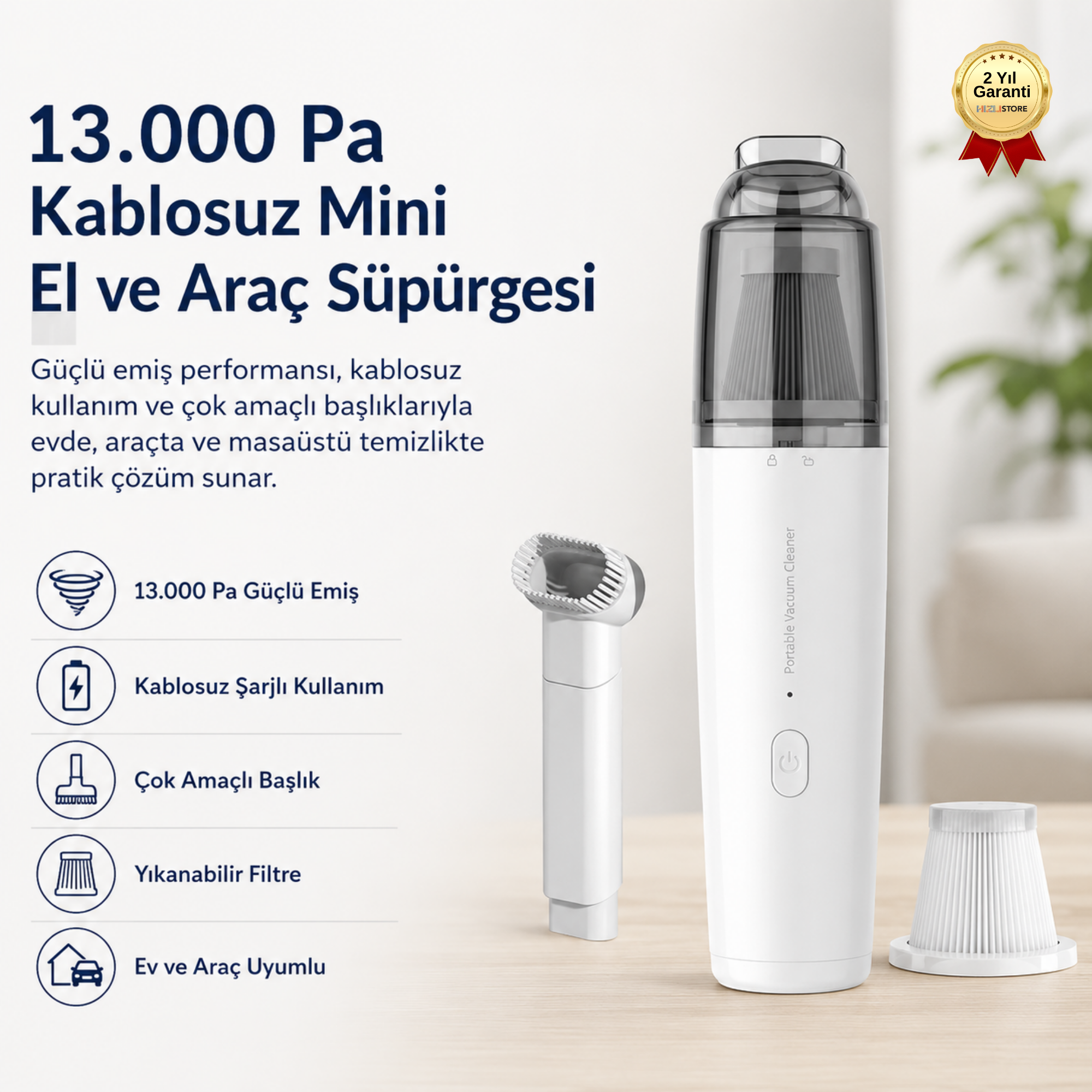 13.000 Pa Güçlü Emiş Kablosuz Şarjlı Taşınabilir Mini El ve Araç Süpürgesi 