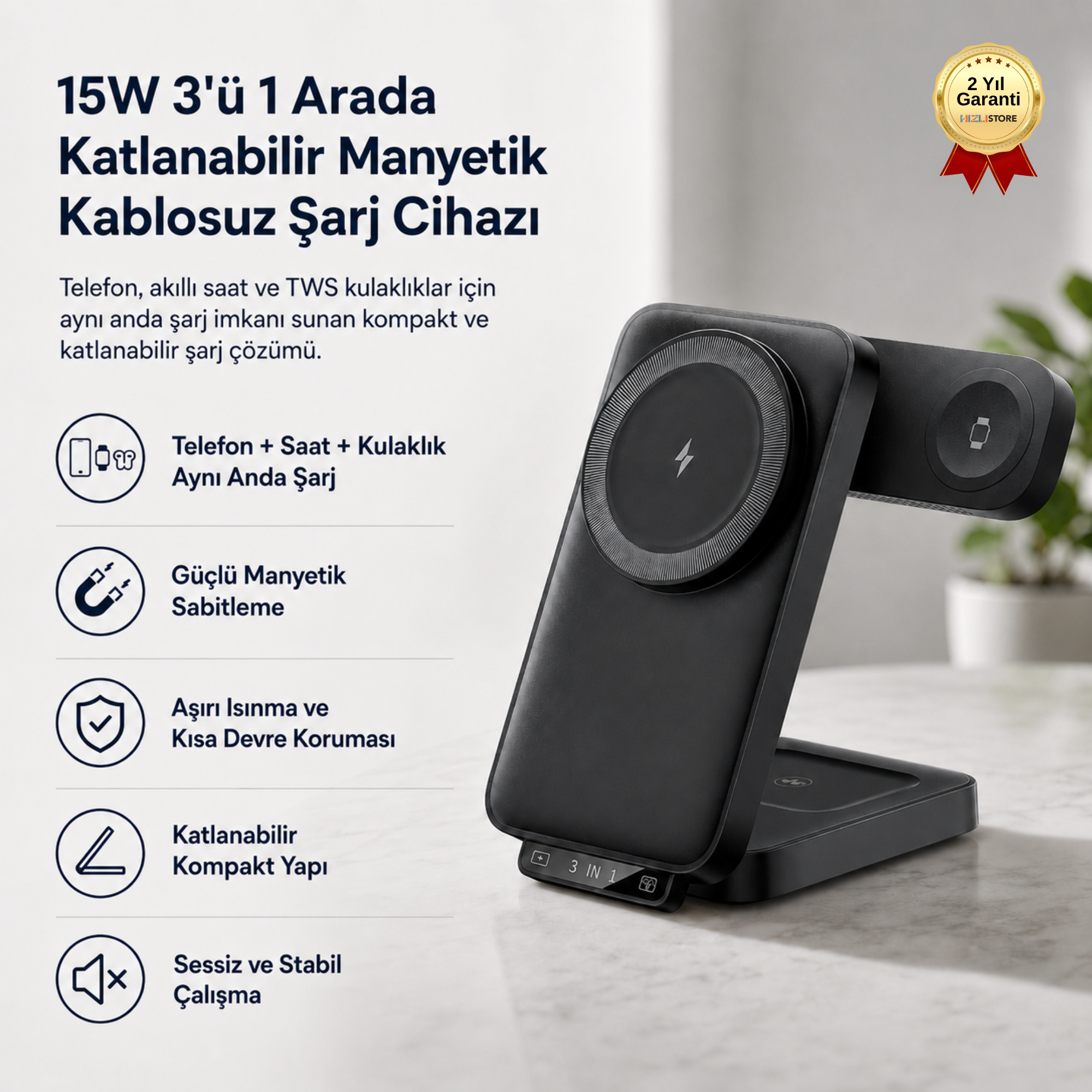 15W 3'ü 1 Arada Katlanabilir Manyetik Kablosuz Şarj Cihazı Telefon Akıllı Saat ve TWS Kulaklık Şarj Standı 