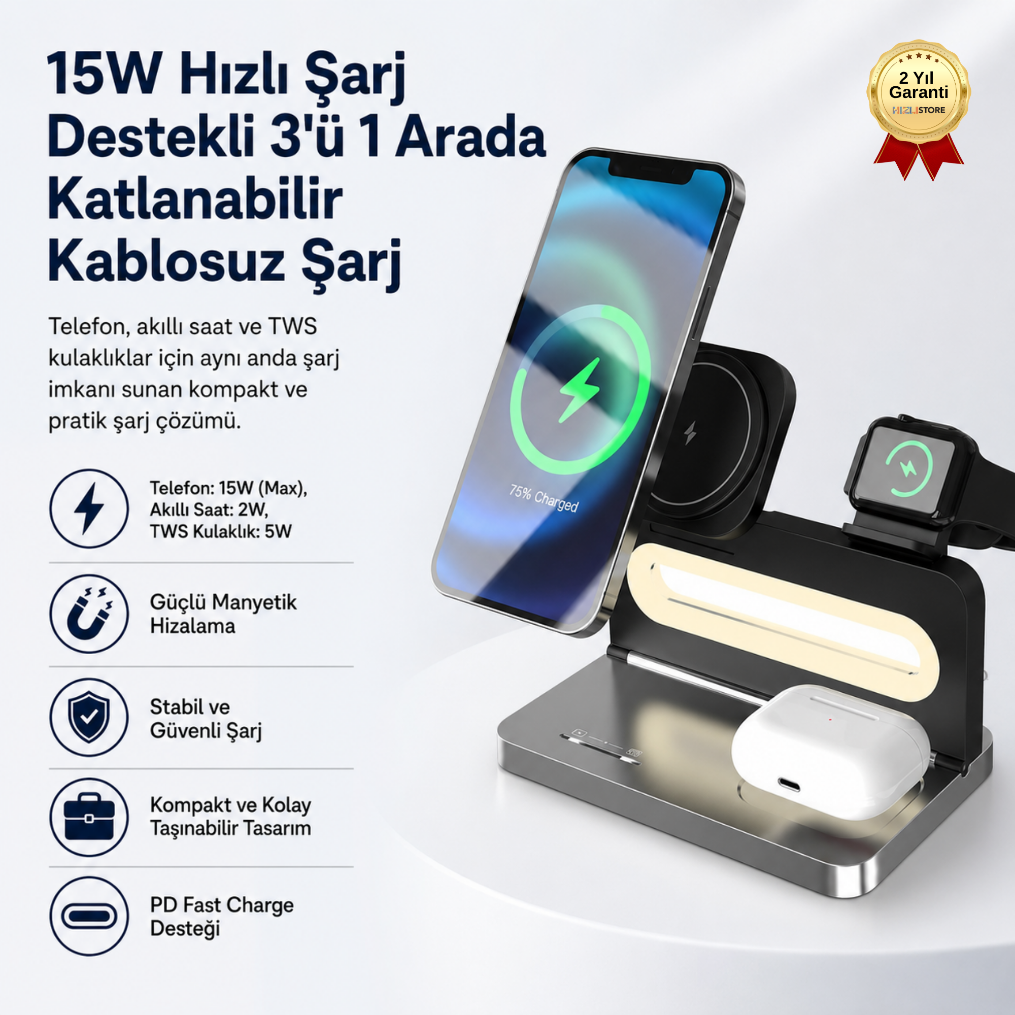 15W Hızlı Sarj Destekli 3'ü 1 Arada Katlanabilir Manyetik Kablosuz Şarj Cihazı Telefon Akıllı Saat ve TWS Kulaklık Şarj Standı 