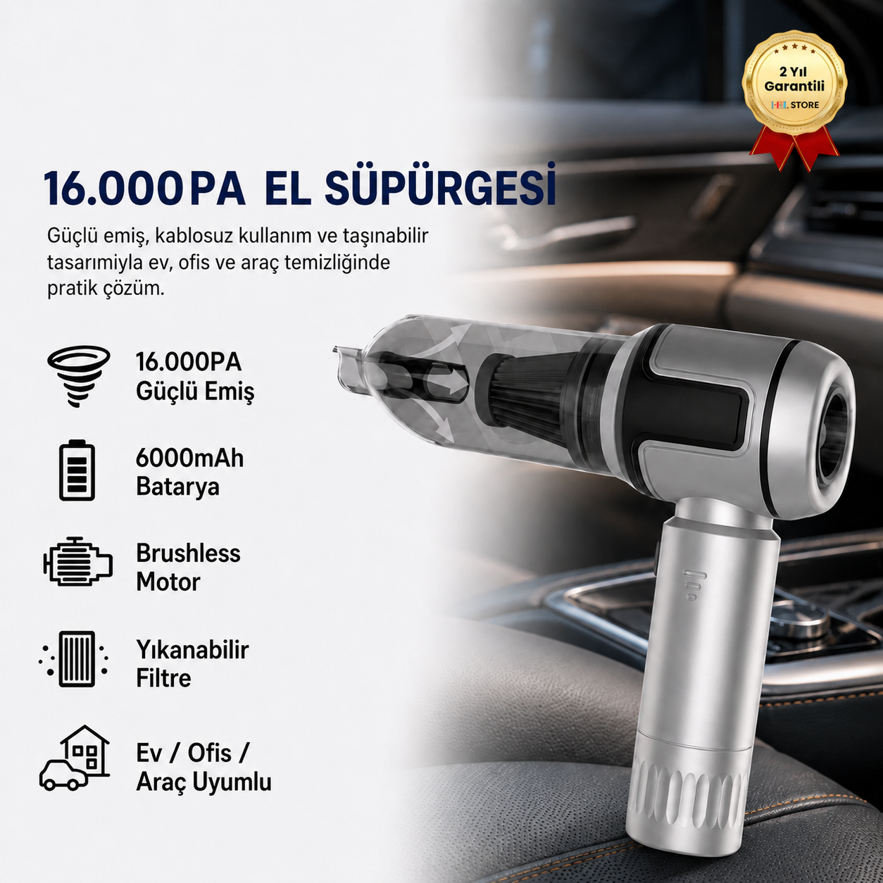 16.000PA Güçlendirilmiş Pil Portatif Fırçasız Motorlu Araç Süpürgesi Ev Ofis Uyumlu 6000mAh Bataryalı 