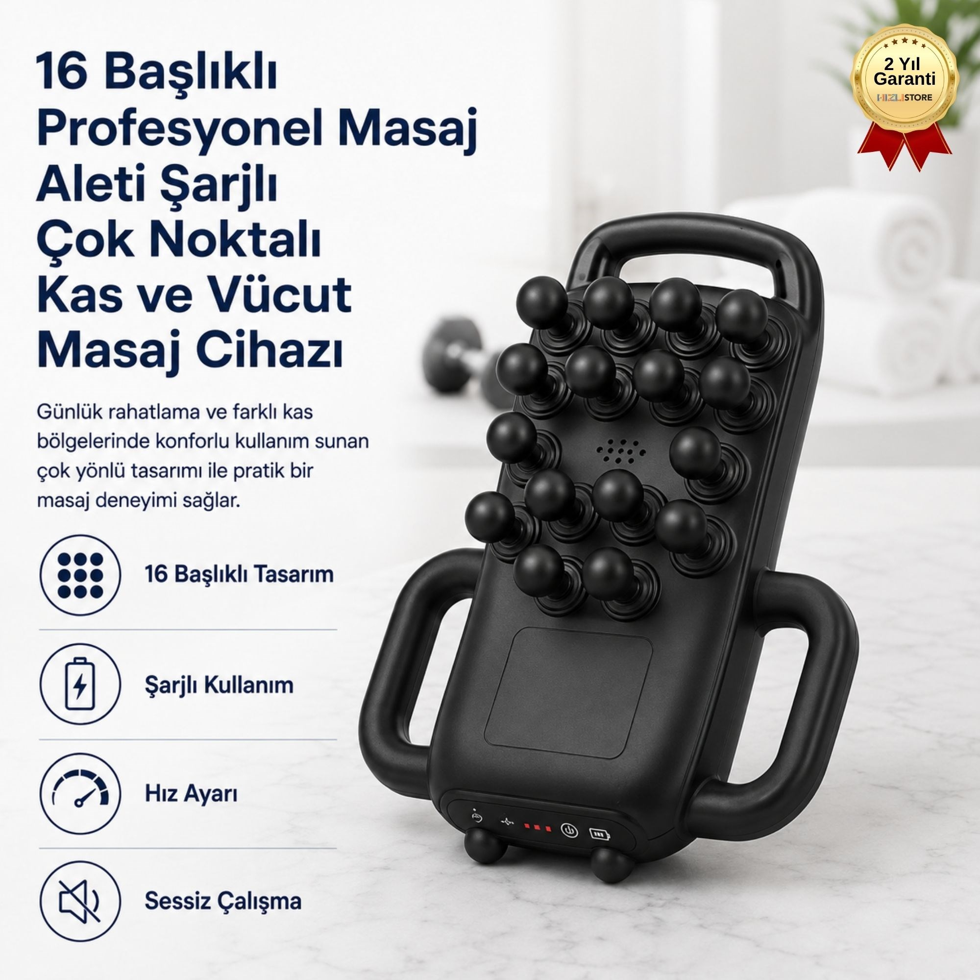 16 Başlıklı Profesyonel Masaj Aleti Şarjlı Çok Noktalı Kas ve Vücut Masaj Cihazı 