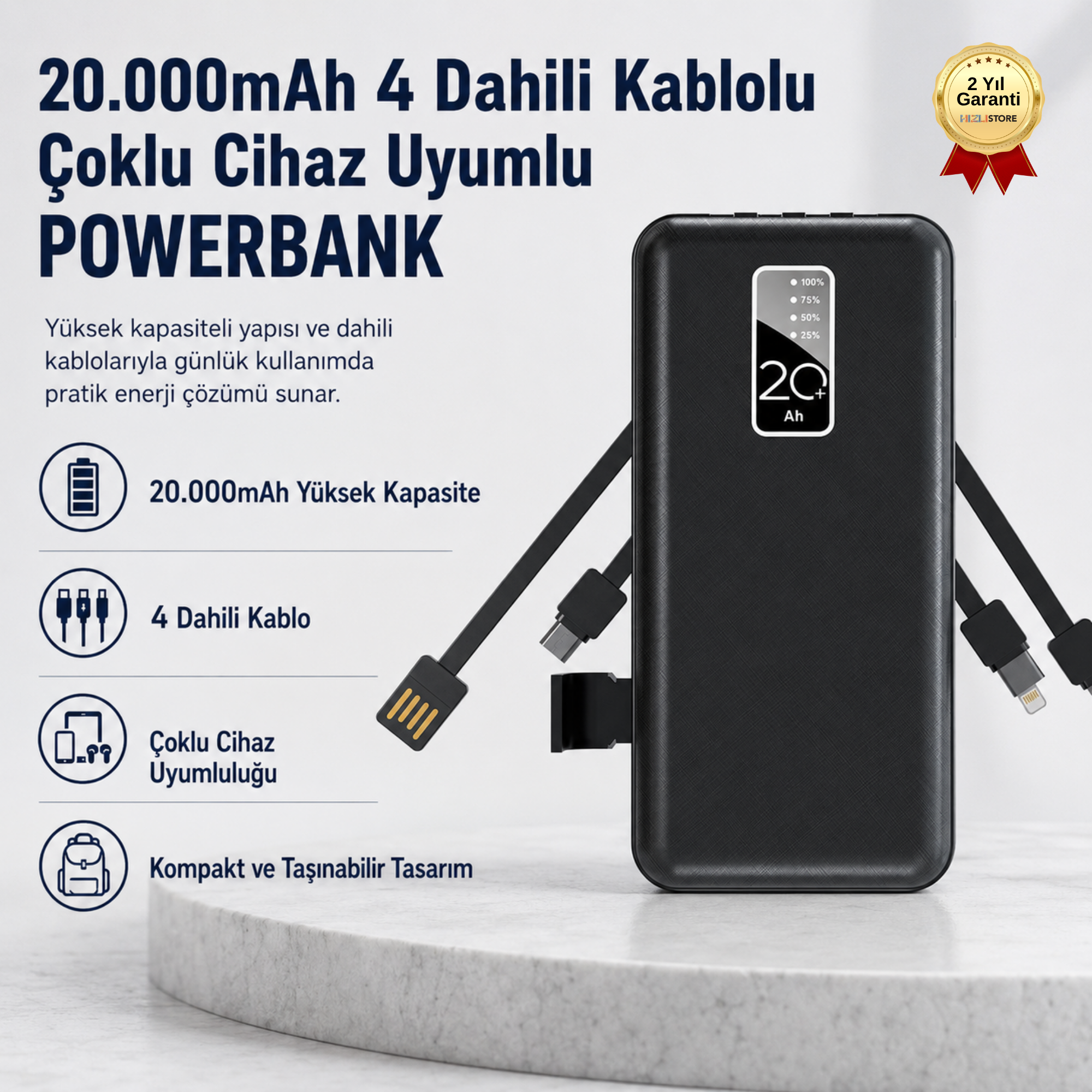20.000mAh 4 Dahili Kablolu Powerbank Çoklu Cihaz Uyumlu Taşınabilir Sarj Cihazı 