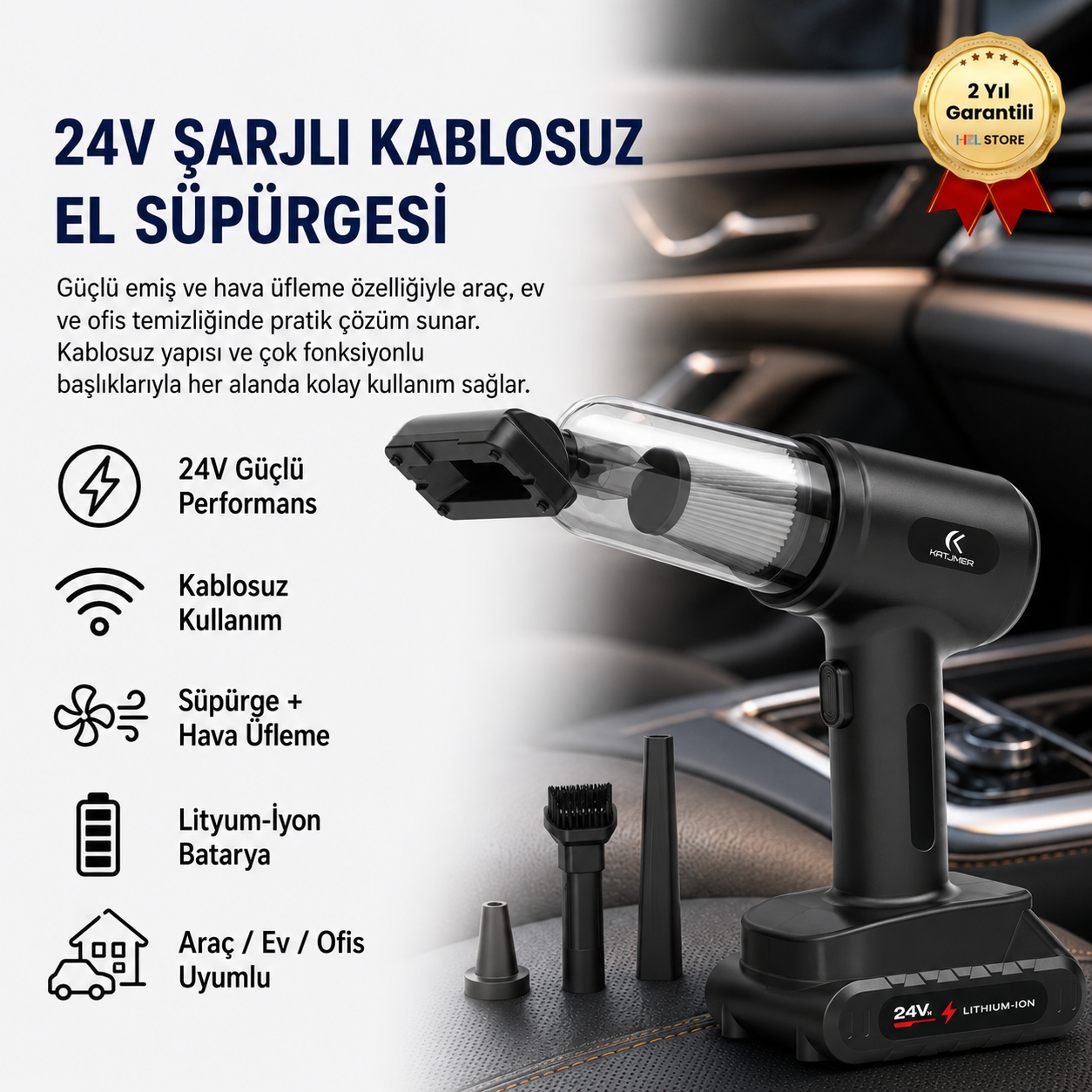 24V Şarjlı Kablosuz El Süpürgesi ve Hava Üfleme Cihazı ,Çok Fonksiyonlu Başlıklı Güçlü Araç Temizleyici 