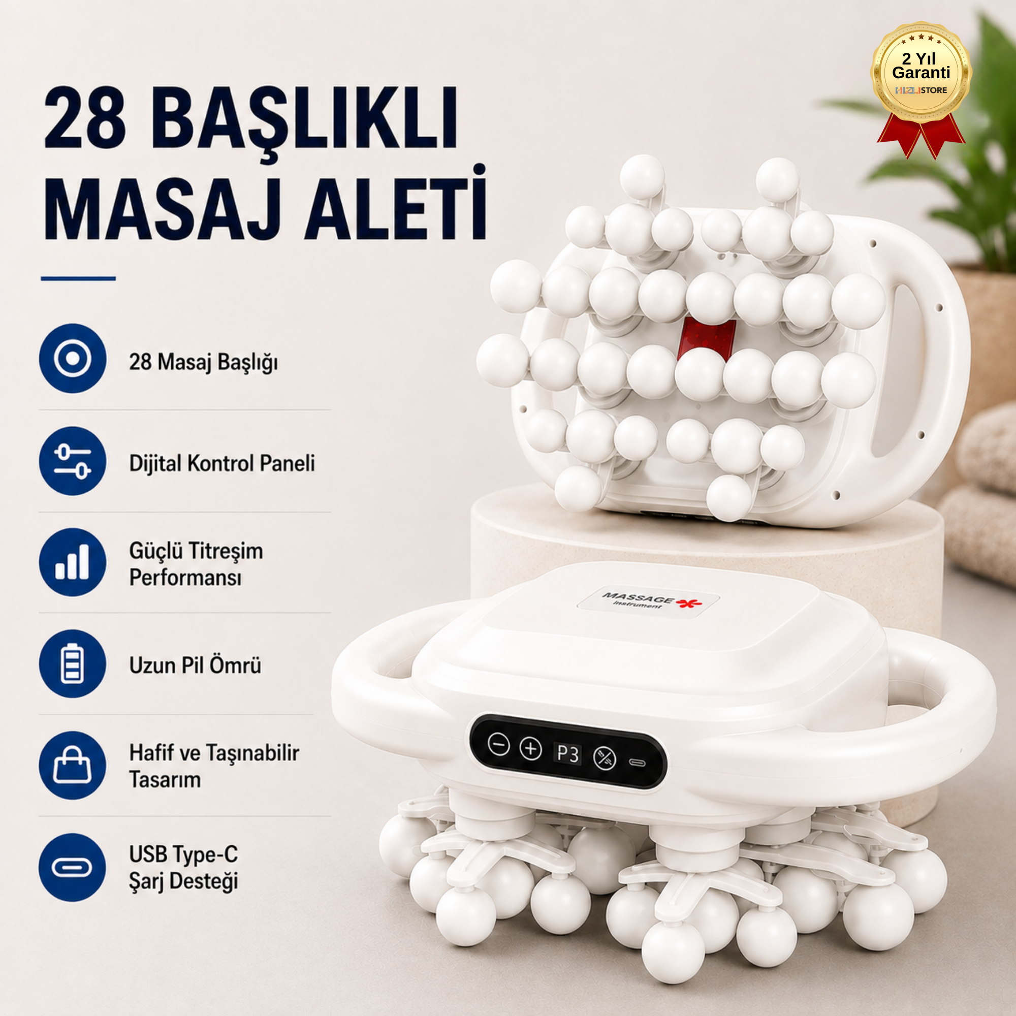 28 Başlıklı Masaj Aleti Dijital Kontrollü Güçlü Motorlu Vücut Masaj Cihazı 