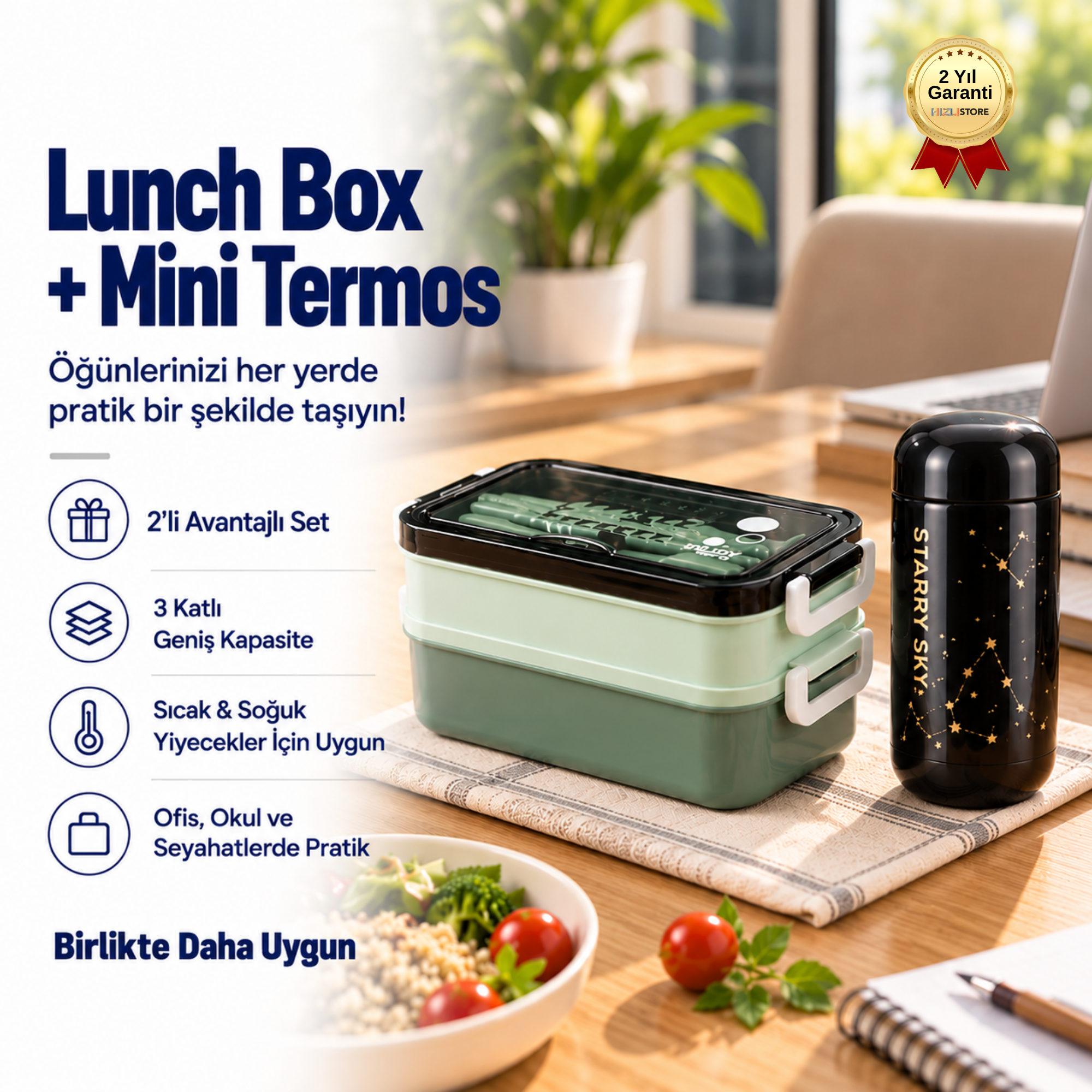 3 Katlı Lunch Box 200 ml Mini Termos Seti – Isı Yalıtımlı Yemek Kabı ve Paslanmaz Çelik Termos  