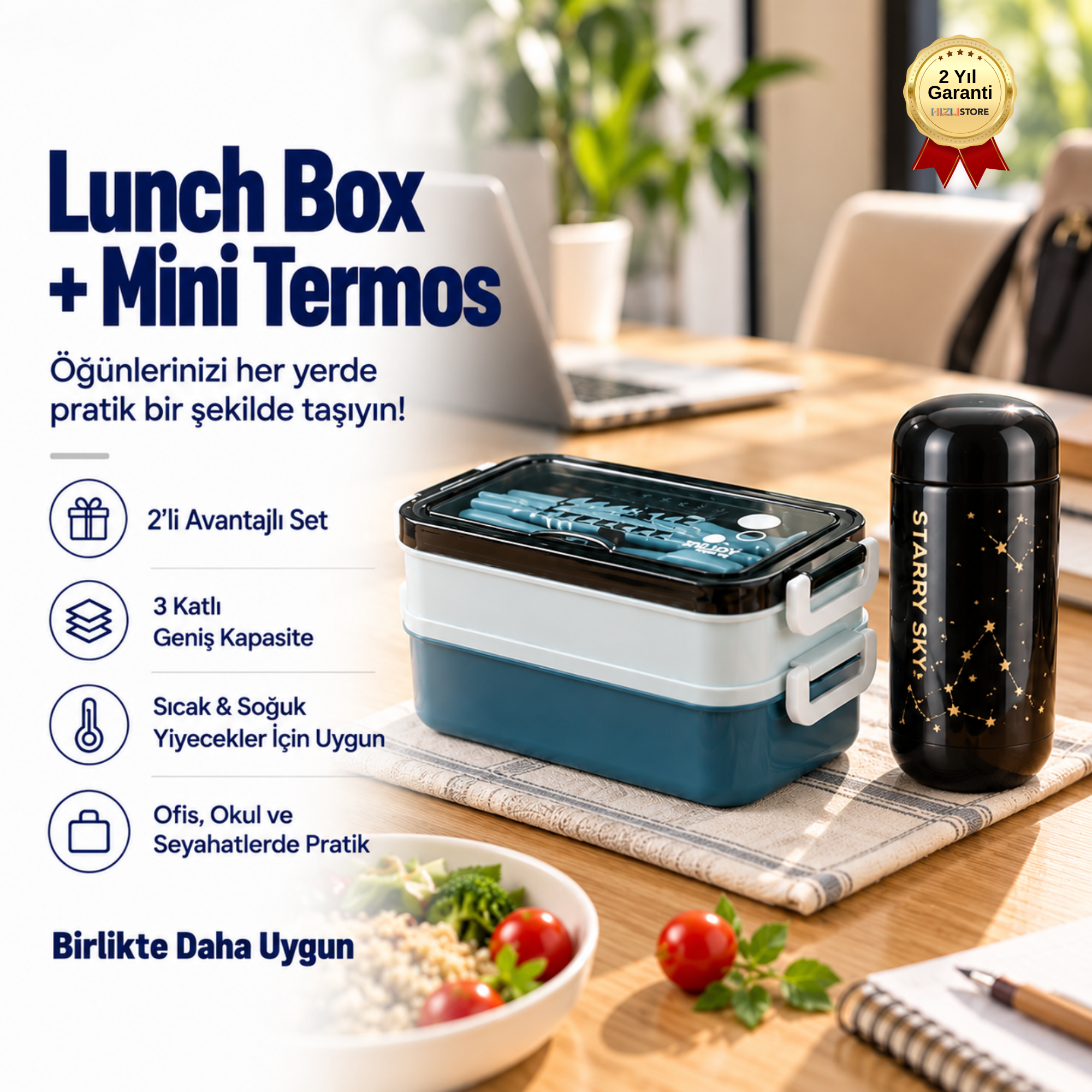 3 Katlı Lunch Box 200 ml Mini Termos Seti – Isı Yalıtımlı Yemek Kabı ve Paslanmaz Çelik Termos  