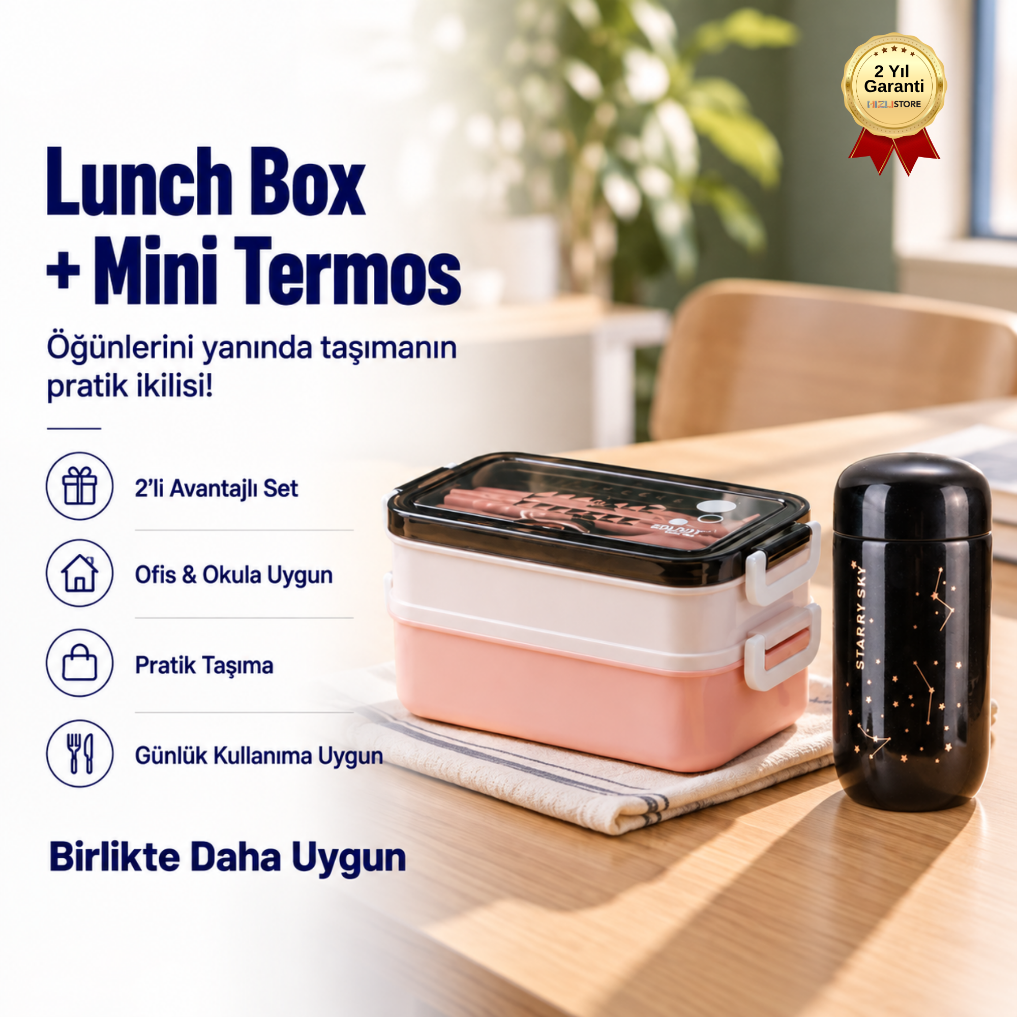 3 Katlı Lunch Box 200 ml Mini Termos Seti – Isı Yalıtımlı Yemek Kabı ve Paslanmaz Çelik Termos  