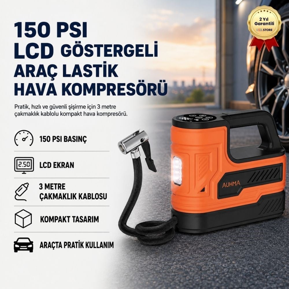 3 Metre Çakmaklık Kablolu Araç Lastik Hava Kompresörü – 150PSI Basınçlı, LCD Göstergeli Taşınabilir Lastik Şişirme Pompası 