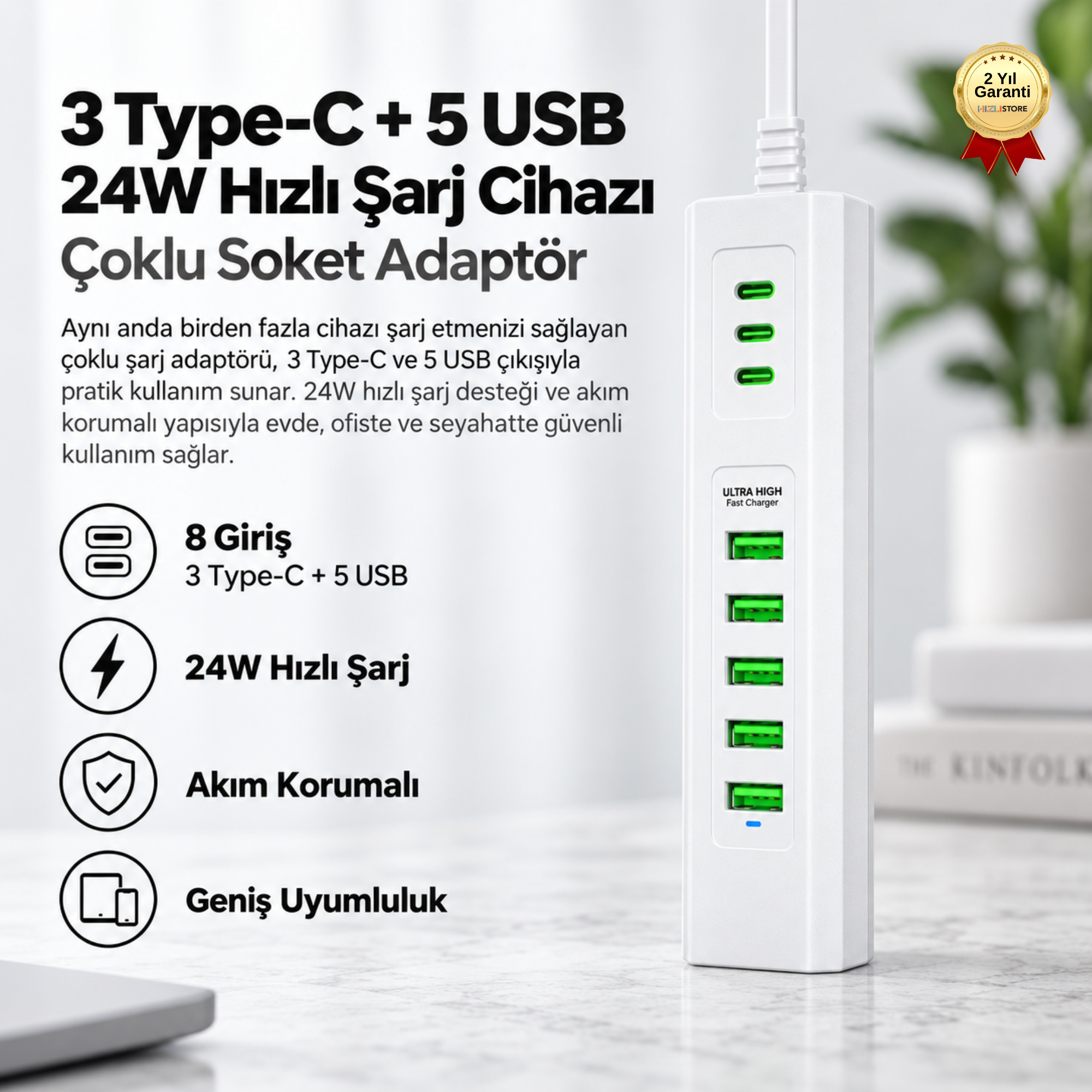 3 Type-C + 5 USB Girişli 24W Hızlı Şarj Cihazı Çoklu Soket Akım Korumalı Adaptör 