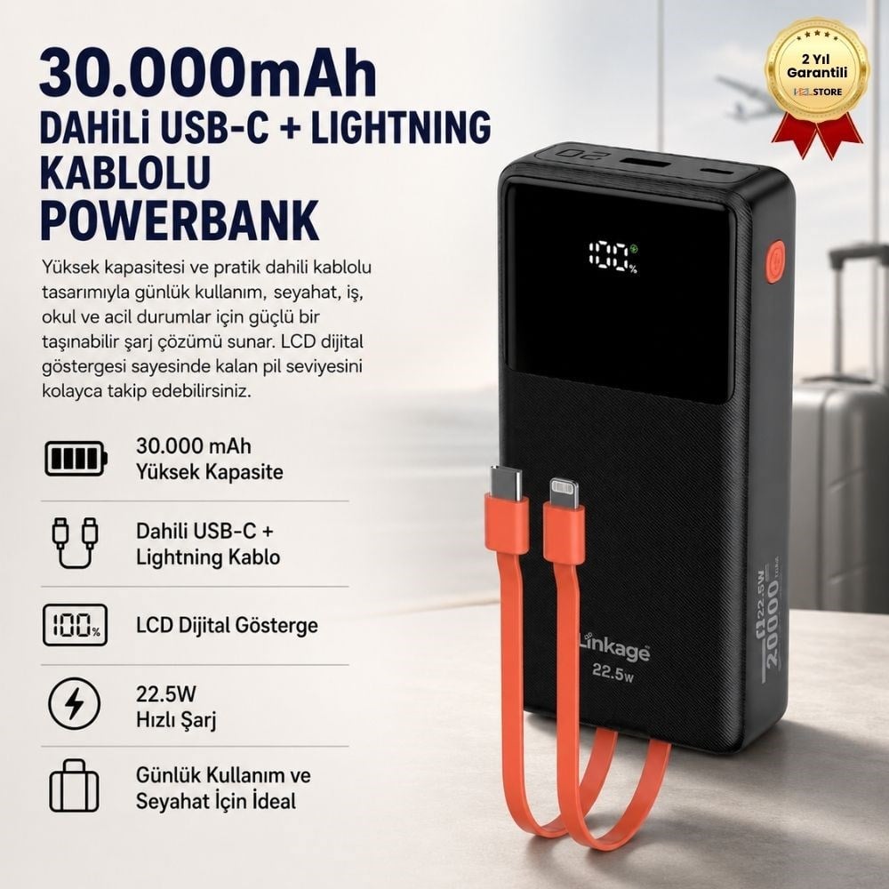 30.000mAh Dahili USB-C + Lightning Kablolu Powerbank  LCD Göstergeli Taşınabilir Hızlı Şarj Cihazı 