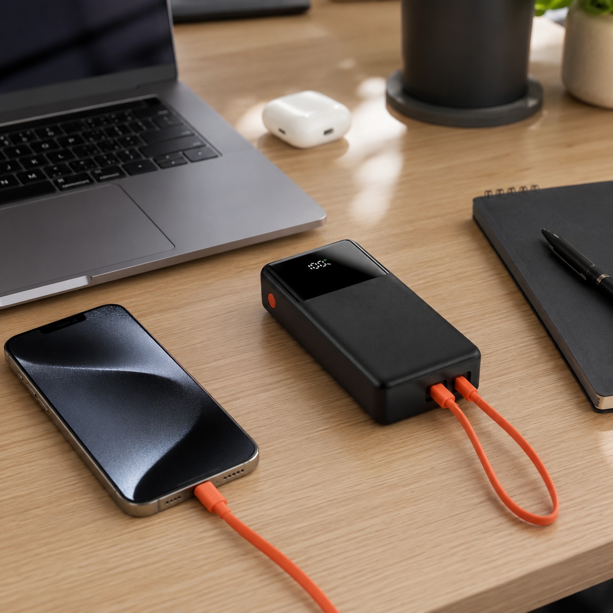 30.000mAh Dahili USB-C + Lightning Kablolu Powerbank  LCD Göstergeli Taşınabilir Hızlı Şarj Cihazı 