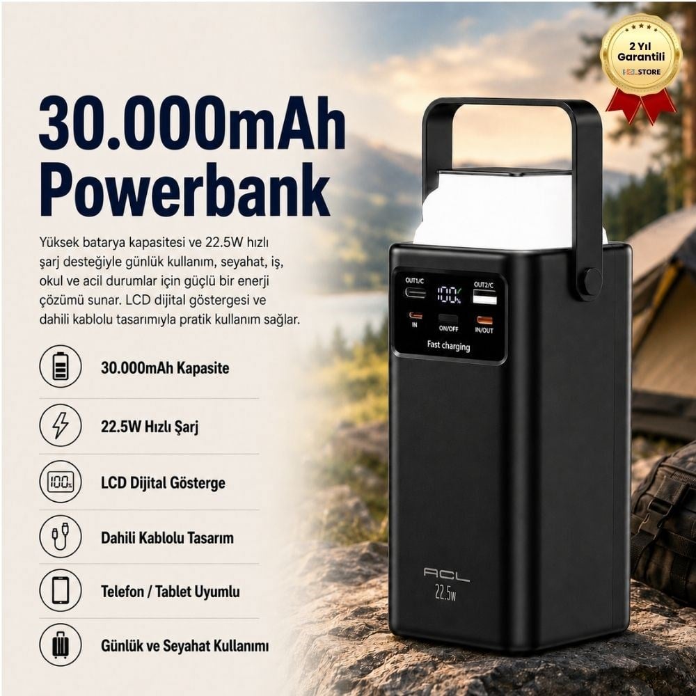 30.000mAh Powerbank , 22.5W Hızlı Şarjlı, LCD Göstergeli, Dahili Kablolu Taşınabilir Şarj Cihazı 
