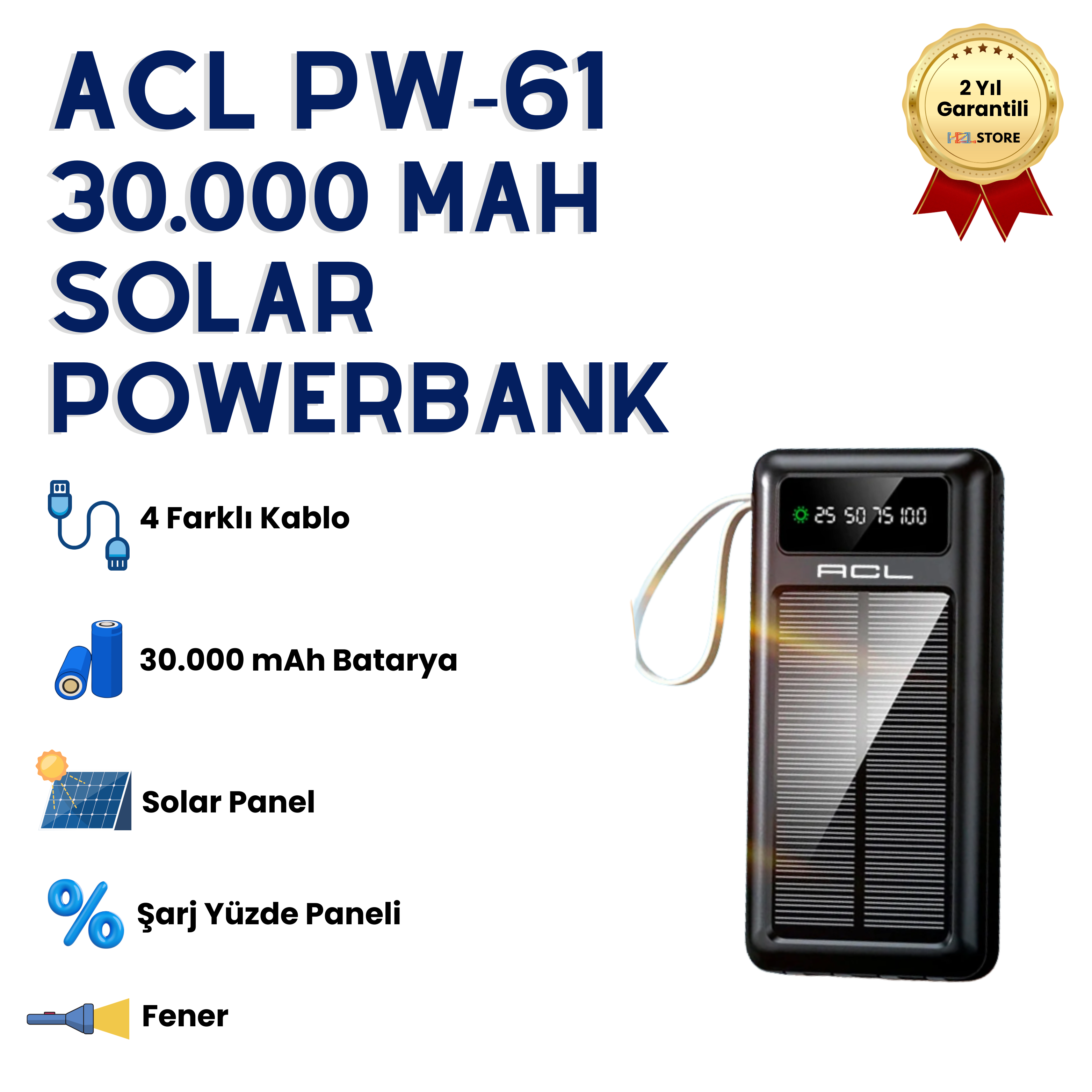 30.000mAh Solar Panelli Dijital Göstergeli Çoklu Kablolu Taşınabilir 22.5W Hızlı Şarjlı Powerbank  