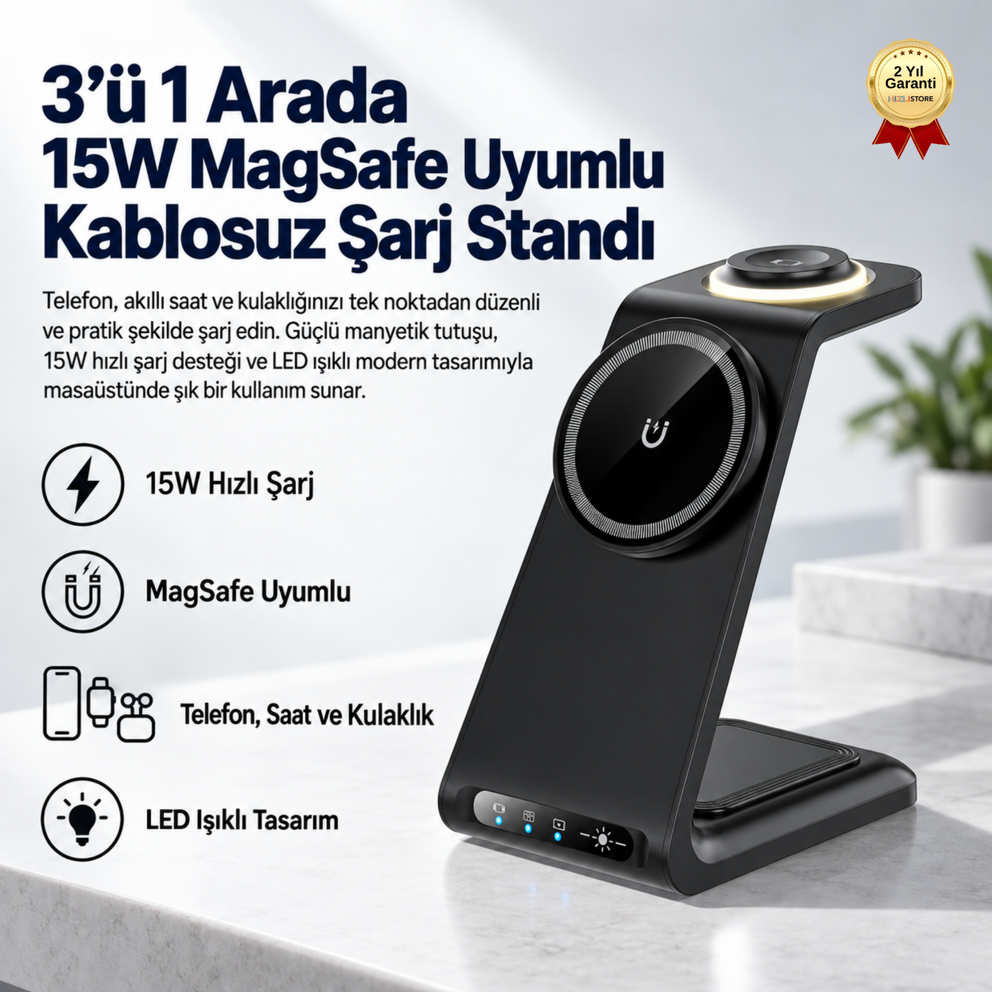 3'ü 1 Arada 15W MagSafe Uyumlu Kablosuz Şarj Standı – Telefon, Akıllı Saat ve Kulaklık Şarj İstasyonu 