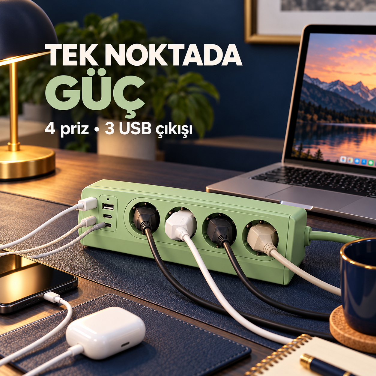 4 Prizli 35W Hızlı Şarjlı Akım Korumalı Çoklu Priz | 2 USB-C, 1 USB-A 