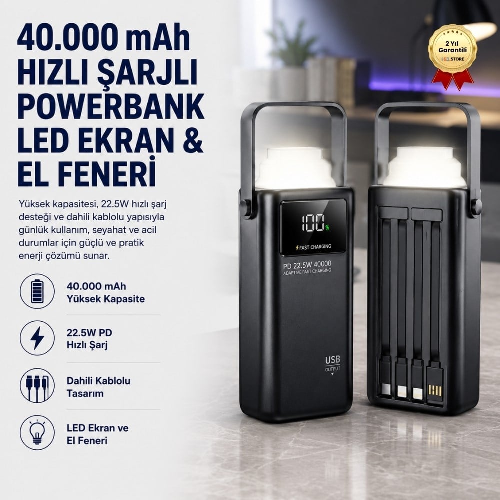 40.000 Mah Pd 22.5w 3.0 Hızlı Şarj Gerçek Taşınabilir Çoklu Kablolu İphone Android Uyumlu Powerbank 