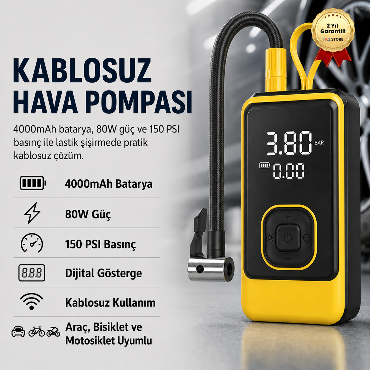 4000mAh Kablosuz Dijital Göstergeli Taşınabilir Araç Lastik Şişirme Kompresörü Hava Pompası 
