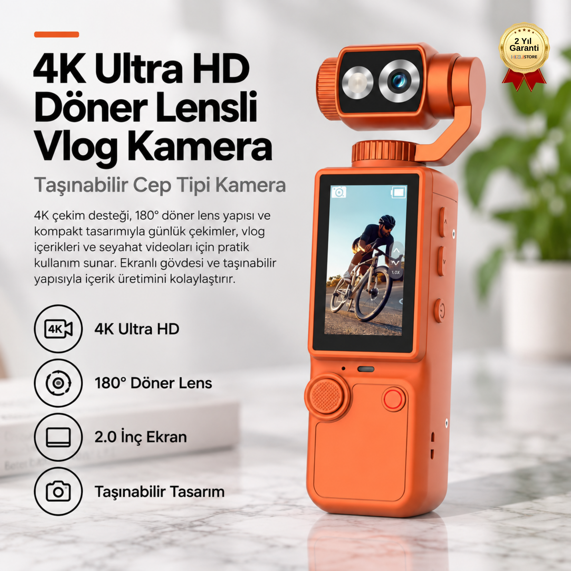 4K Ultra HD Döner Lensli Cep Kamerası 2.0 İnç Ekranlı Taşınabilir Vlog Kamera 
