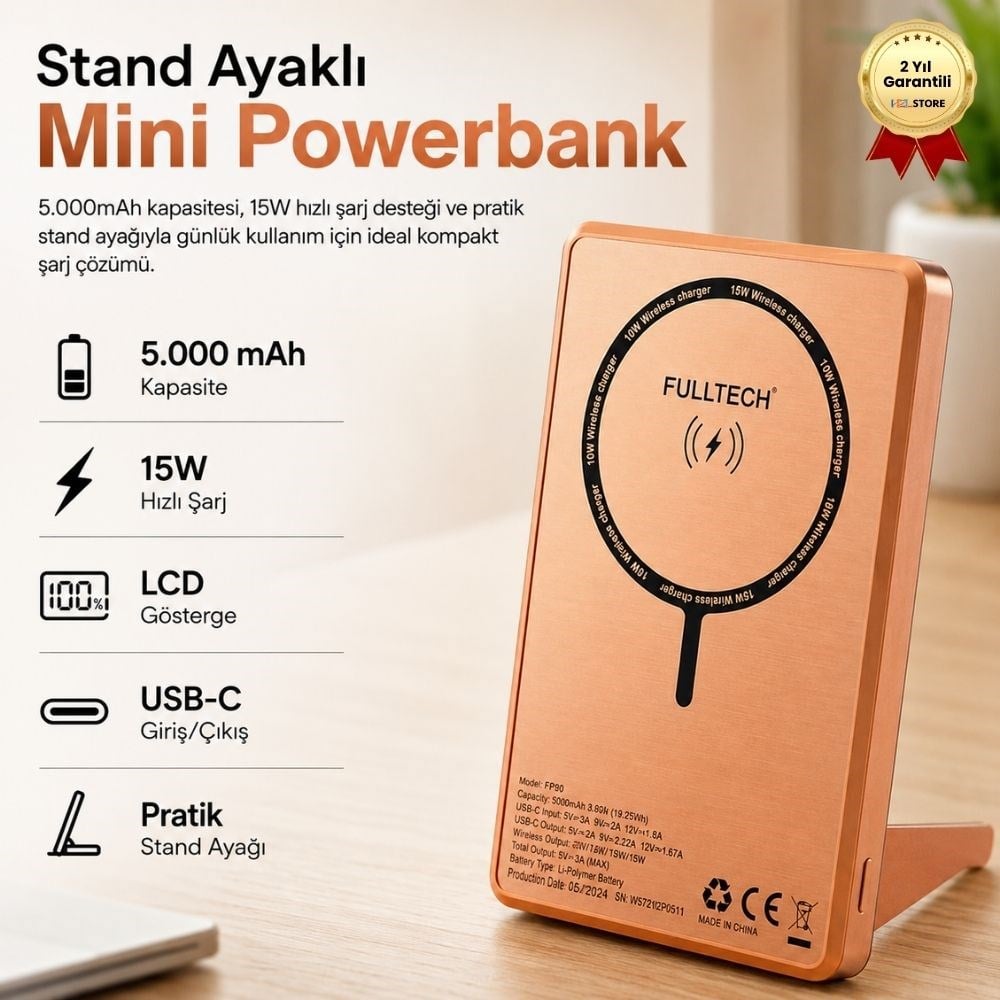 5.000mAh LCD Ekranlı Standlı Mini Powerbank 15W Hızlı Şarj, USB-C Giriş/Çıkış, Telefon Tutuculu 