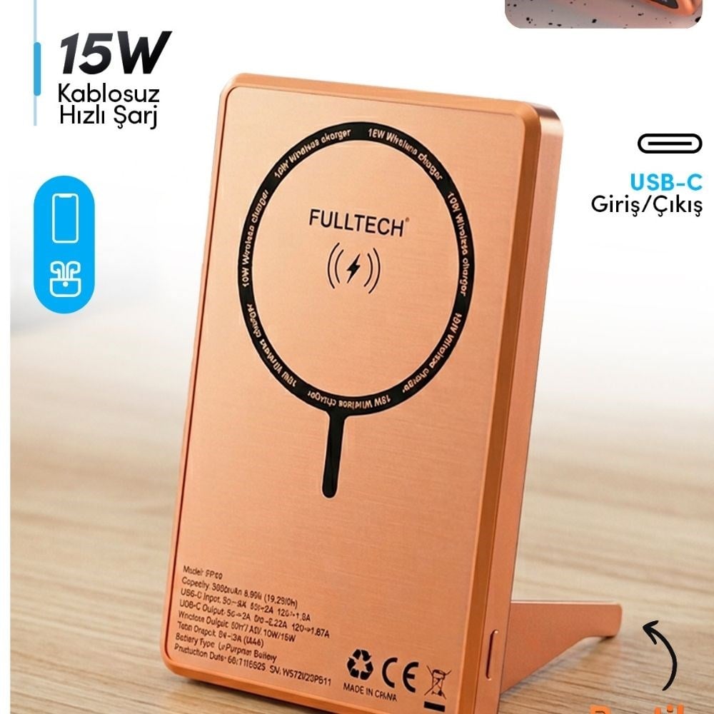 5.000mAh LCD Ekranlı Standlı Mini Powerbank 15W Hızlı Şarj, USB-C Giriş/Çıkış, Telefon Tutuculu 