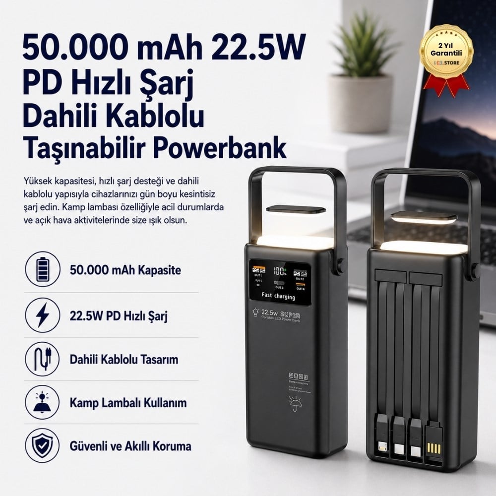 50.000 mAh 22.5W PD Hızlı Şarj Kamp Lambalı Dahili Kablolu Powerbank Taşınabilir Şarj Cihazı 