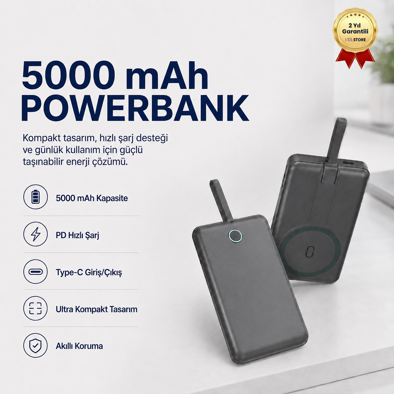 5,000 mAh Powerbank Taşınabilir Hızlı Şarj, Type-C Uyumlu Kompak Güçlü Performans Hafif 