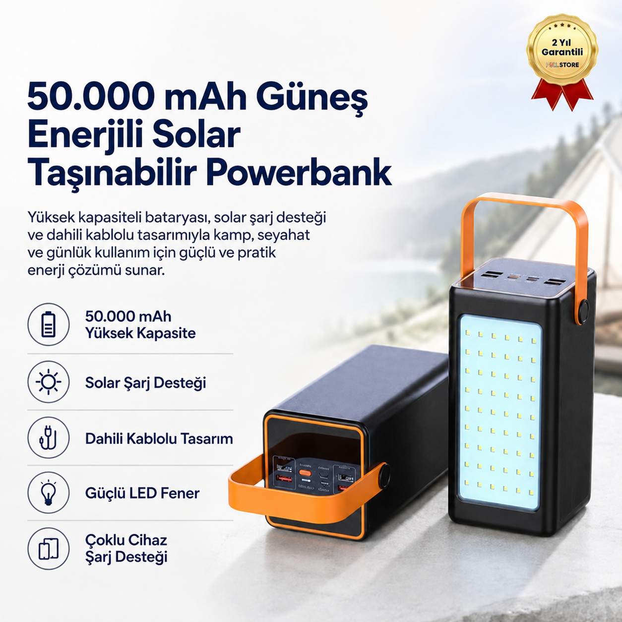 50000 mAh Solar Powerbank Güneş Enerjili Dahili Kablolu LED Fenerli Taşınabilir Şarj Cihazı 