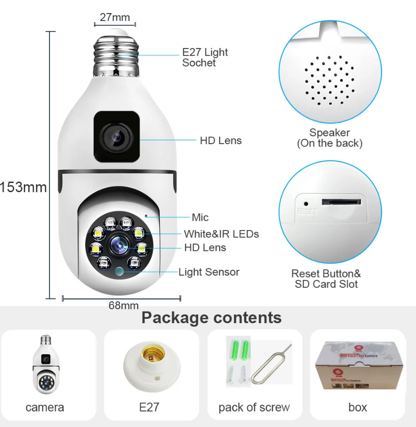 anoramik LED Ampul Kamera Çift Wifi 360 Derece Panoramik Görüntüleme Kablosuz Ev Gözetleme Kamerası Gece Görüş Çift Yönlü Ses Akıllı Hareket Algılama