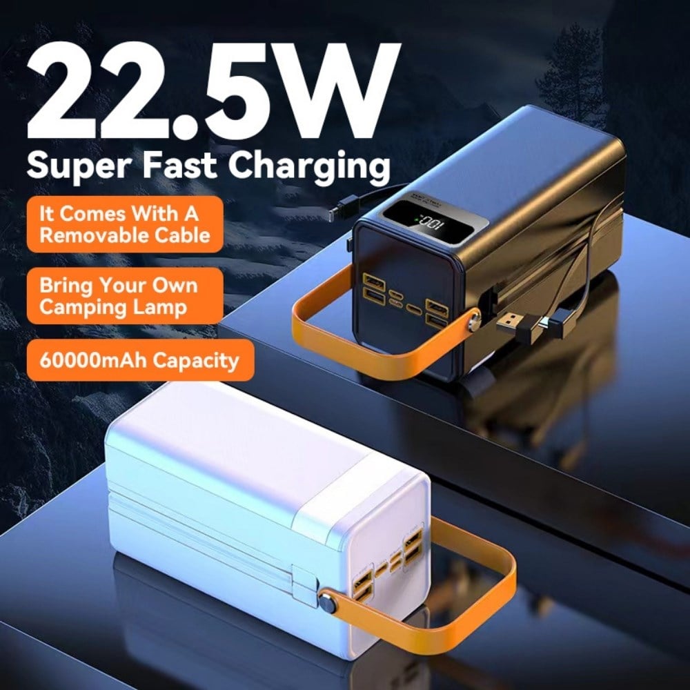 60000mAh Entegre 4 Kablolu Powerbank Dijital Ekranlı LED Fenerli Hızlı Şarj Taşınabilir Şarj Cihazı 