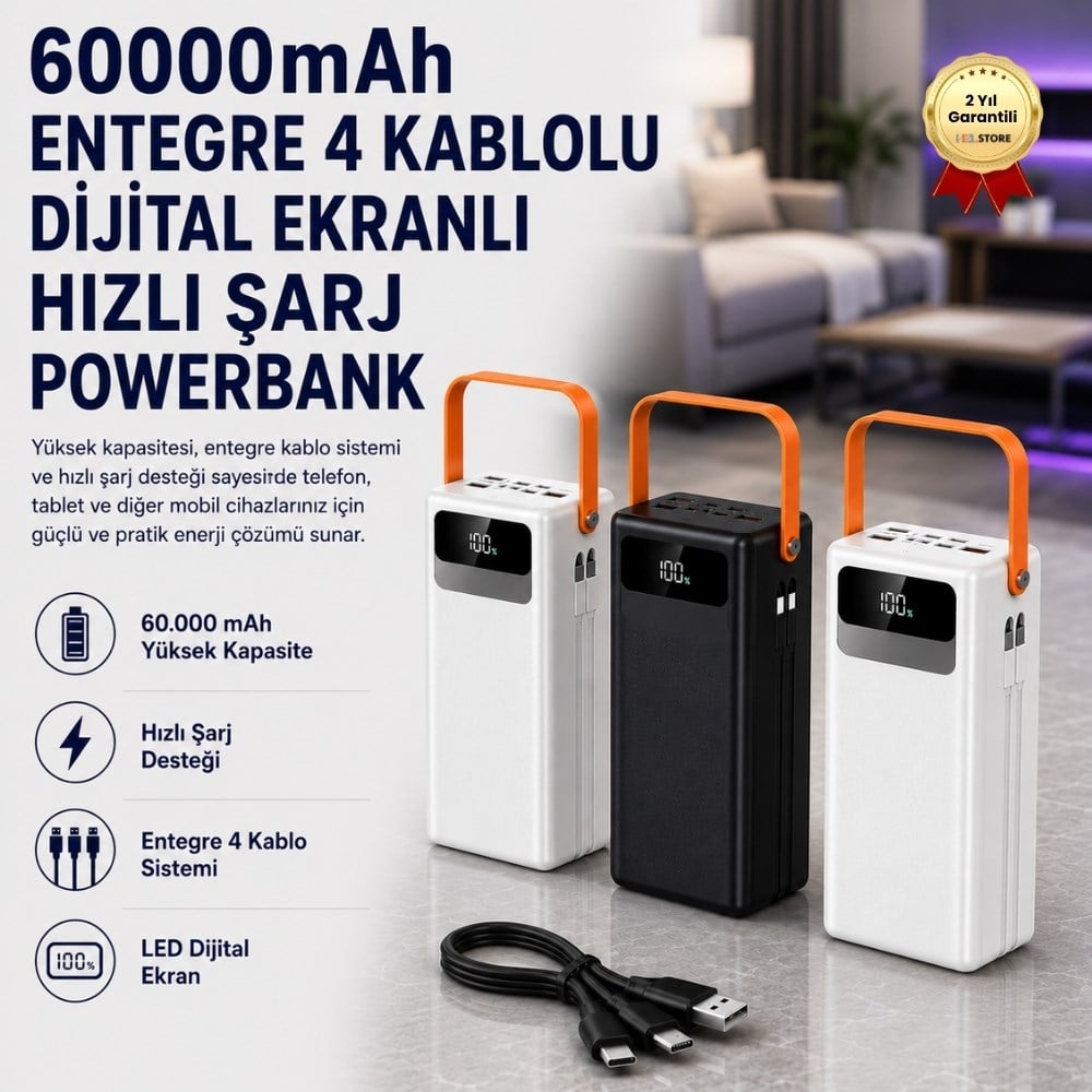60000mAh Entegre 4 Kablolu Powerbank Dijital Ekranlı LED Fenerli Hızlı Şarj Taşınabilir Şarj Cihazı 