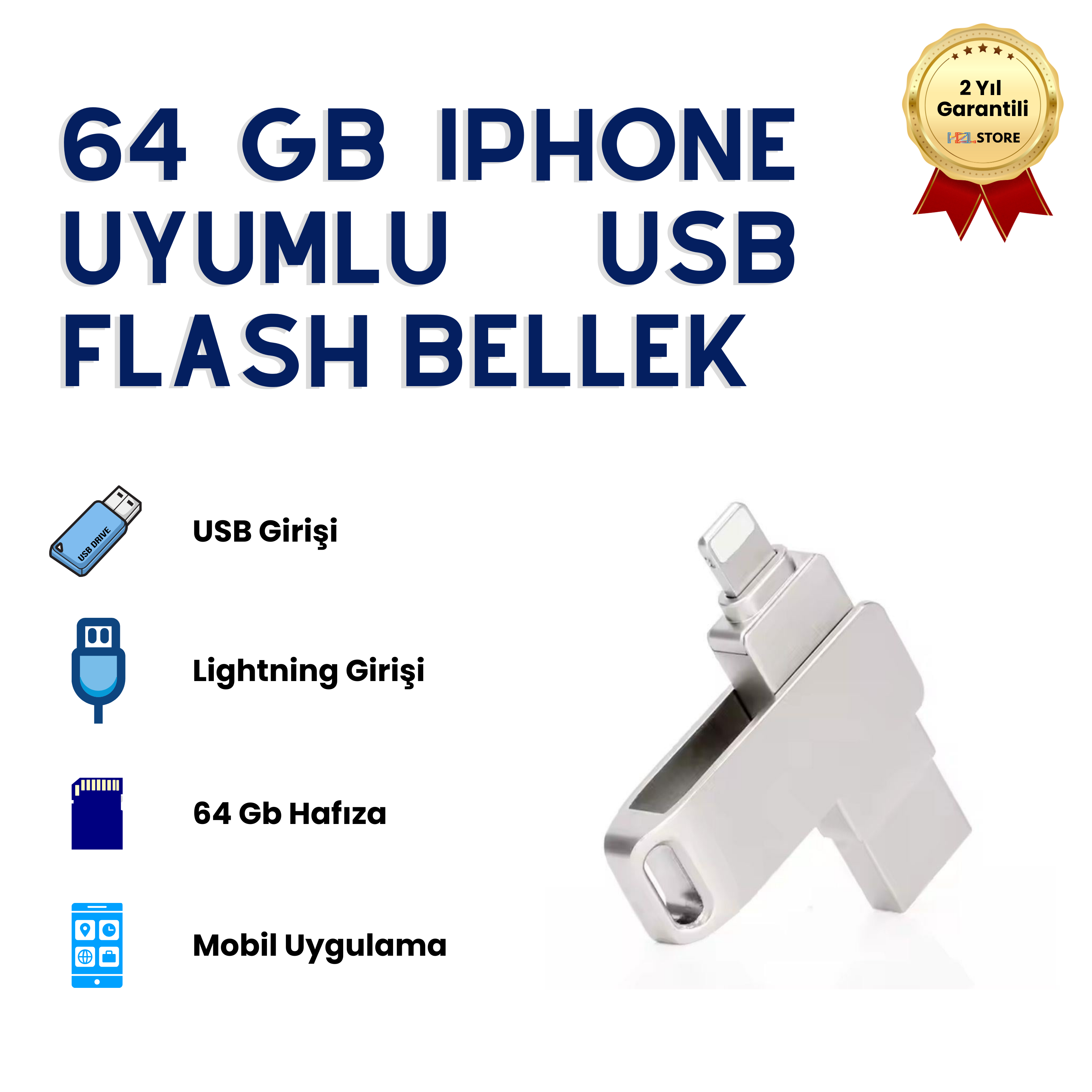 64GB iPhone Uyumlu USB Flash Bellek OTG Destekli Lightning ve USB Girişli Taşınabilir Hafıza 