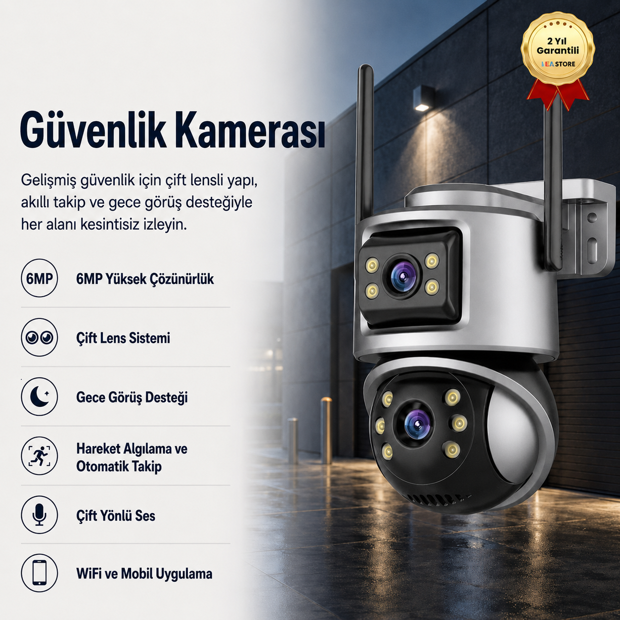 6MP Çift Lensli Mini PTZ WiFi Güvenlik Kamerası – Gece Görüşlü Hareket Takipli Akıllı Kamera 