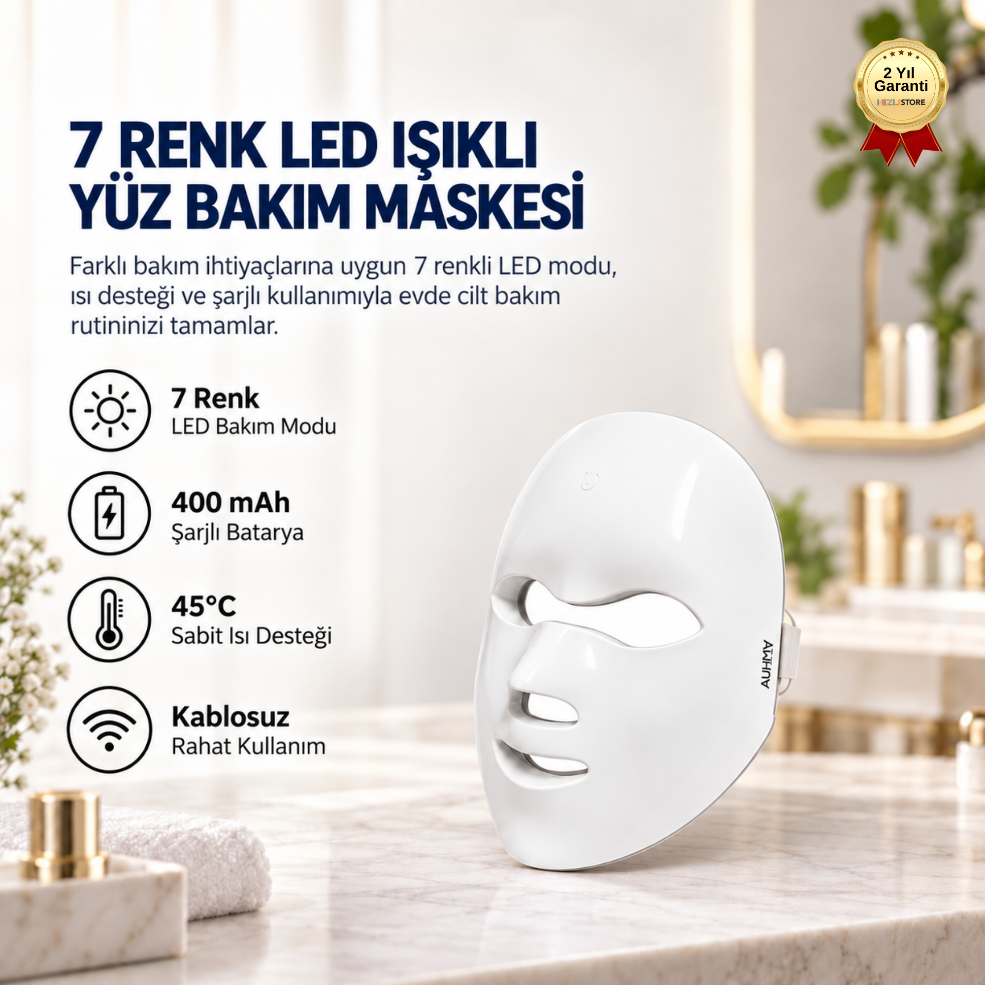 7 Renk LED Işıklı Yüz Bakım Maskesi 400 mAh Şarjlı Cilt Bakım Cihazı 