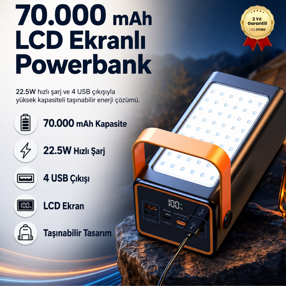 70.000mAh 22.5W Hızlı Şarjlı, 4 USB Çıkışlı, LCD Ekranlı Powerbank  