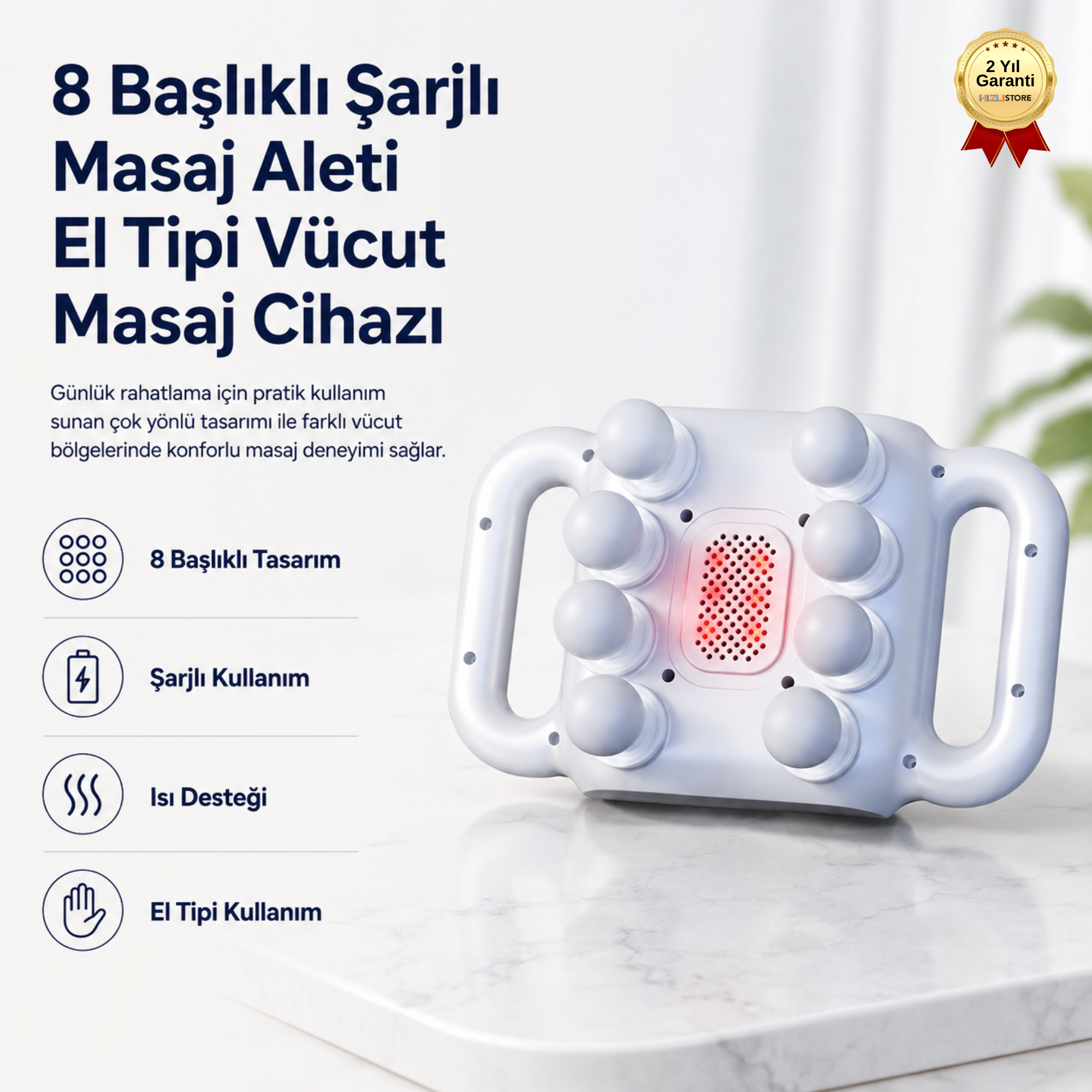 8 Başlıklı Şarjlı Masaj Aleti El Tipi Vücut Masaj Cihazı Günlük Rahatlama İçin Hafif ve Pratik 