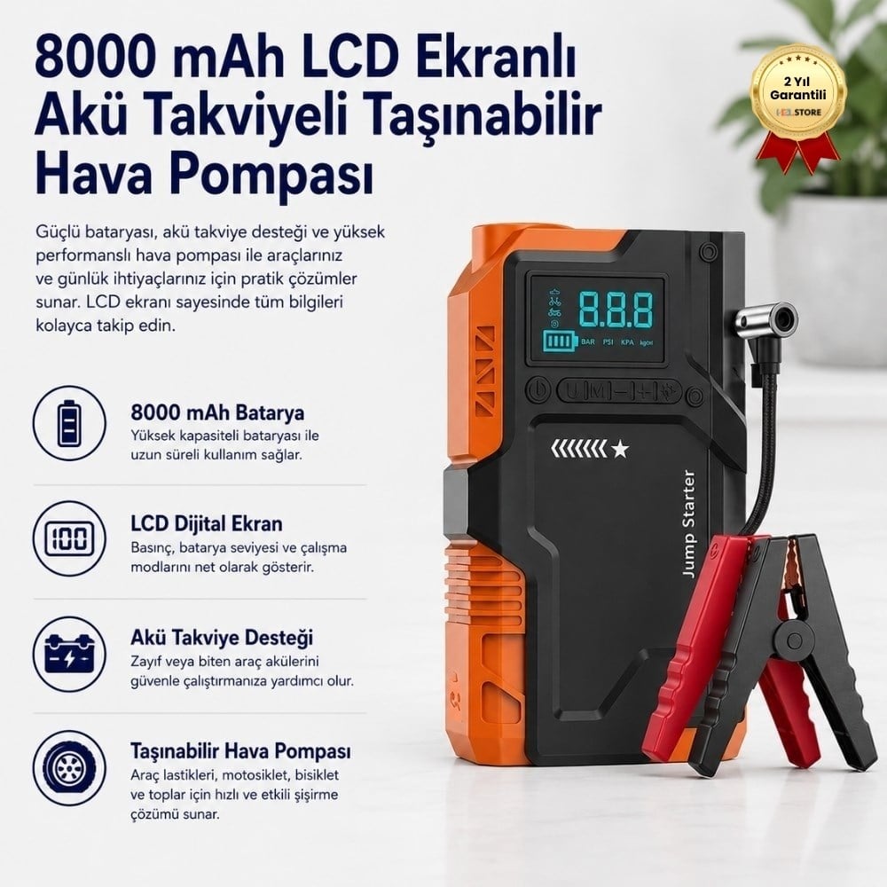 8000 mAh LCD Ekranlı Akü Takviyeli Taşınabilir Hava Pompası 