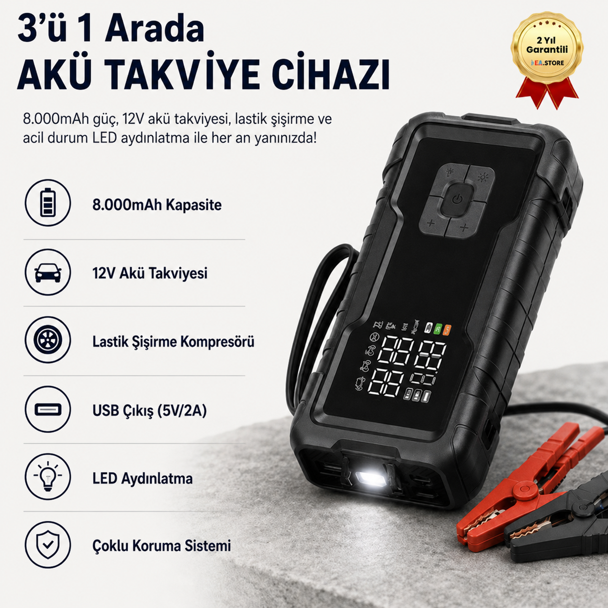 A8888 8.000mAh Akü Takviye Cihazı ve Lastik Hava Kompresörü Araç Şarj Takviye Pompası 