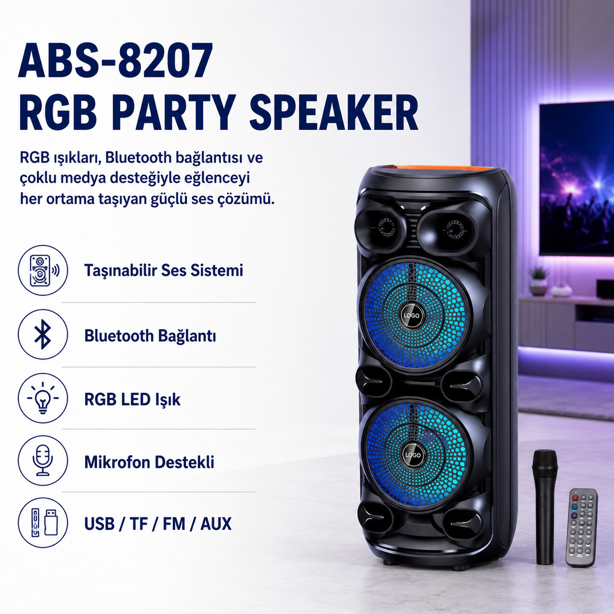ABS-8207  D28 RGB Işıklı Mikrofonlu Kumandalı USB/tf/BT/fm/aux Bluetooth Hoparlör Siyah 