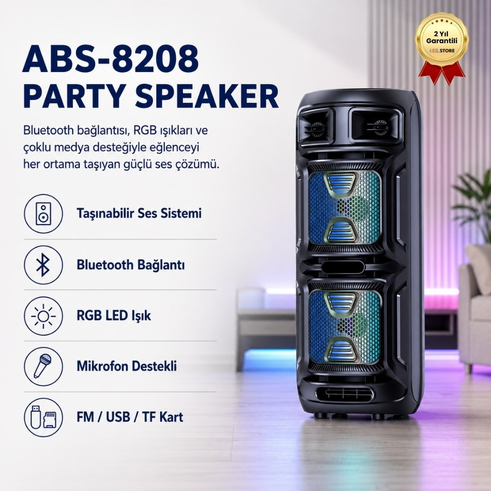 ABS-8208 Taşınabilir Bluetooth  Parti Speaker, RGB LED Işıklı, FM Radyo / TF Kart / USB Destekli 