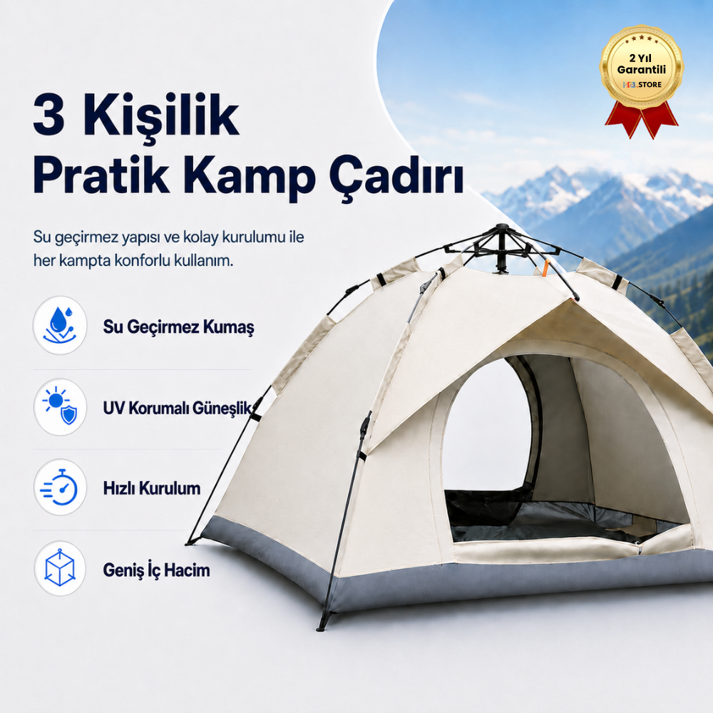 AC6634 Otomatik Kamp Çadırı 200x150x120 cm Çift Katmanlı 3 Saniyede Kurulum Su Geçirmez 3 Kişilik 