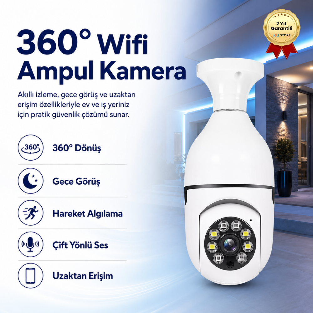 Akıllı Kablosuz IP Kamera Wifi 360 Derece Hareketli Gece Görüş Ses Kayıtllı Ampul Kamera Güvenlik Kamerası 